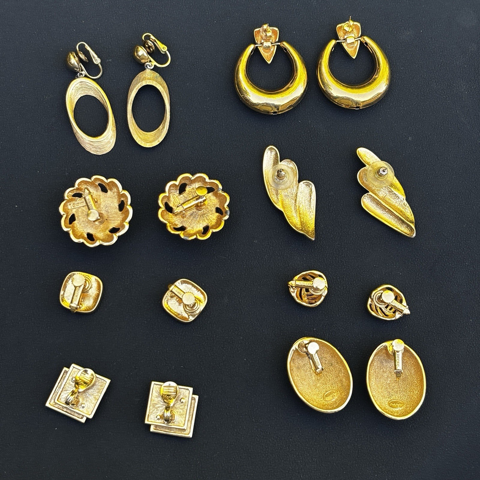 Vintage Monet Trifari Napier Gold Tone Necklace & Clip Earrings Lot 9 Pcs
