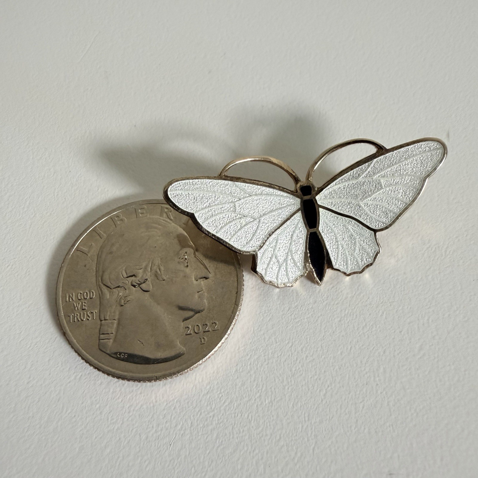 Vintage Mid Century White Black Guilloche Enamel Gold Tone Butterfly Pin Brooch