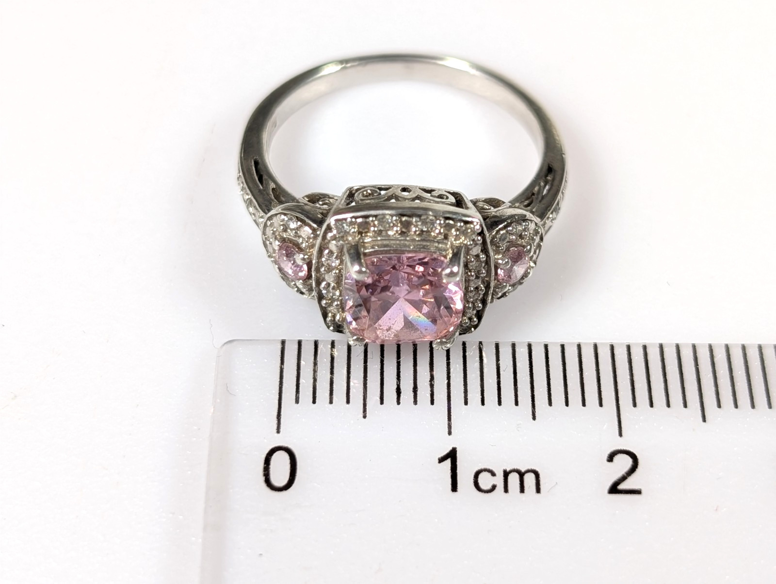 Vtg Sterling Silver 925 Pink CZ Cushion Cut Halo Ring w/ Side Stones H925 Size 7