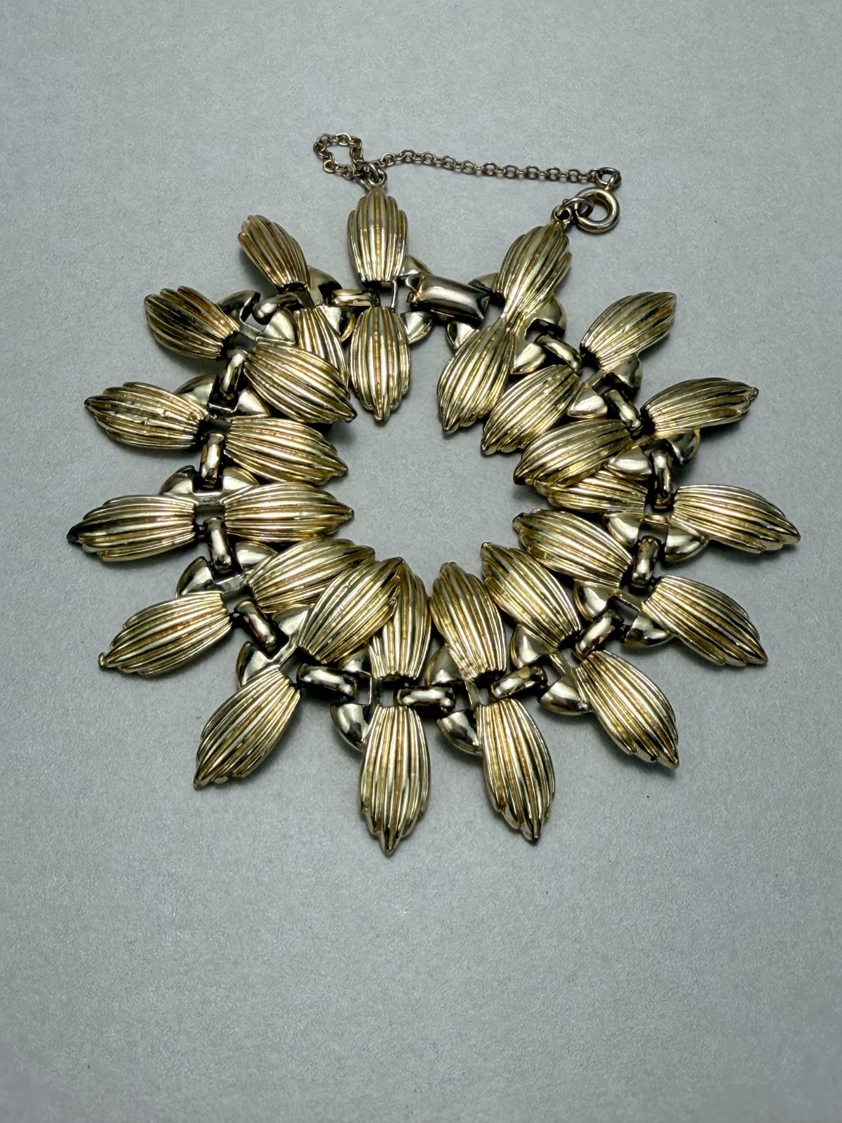 Signed CORO BRACELET Vintage Panel Link Gold Tone Fold Over Clasp Safety Chain