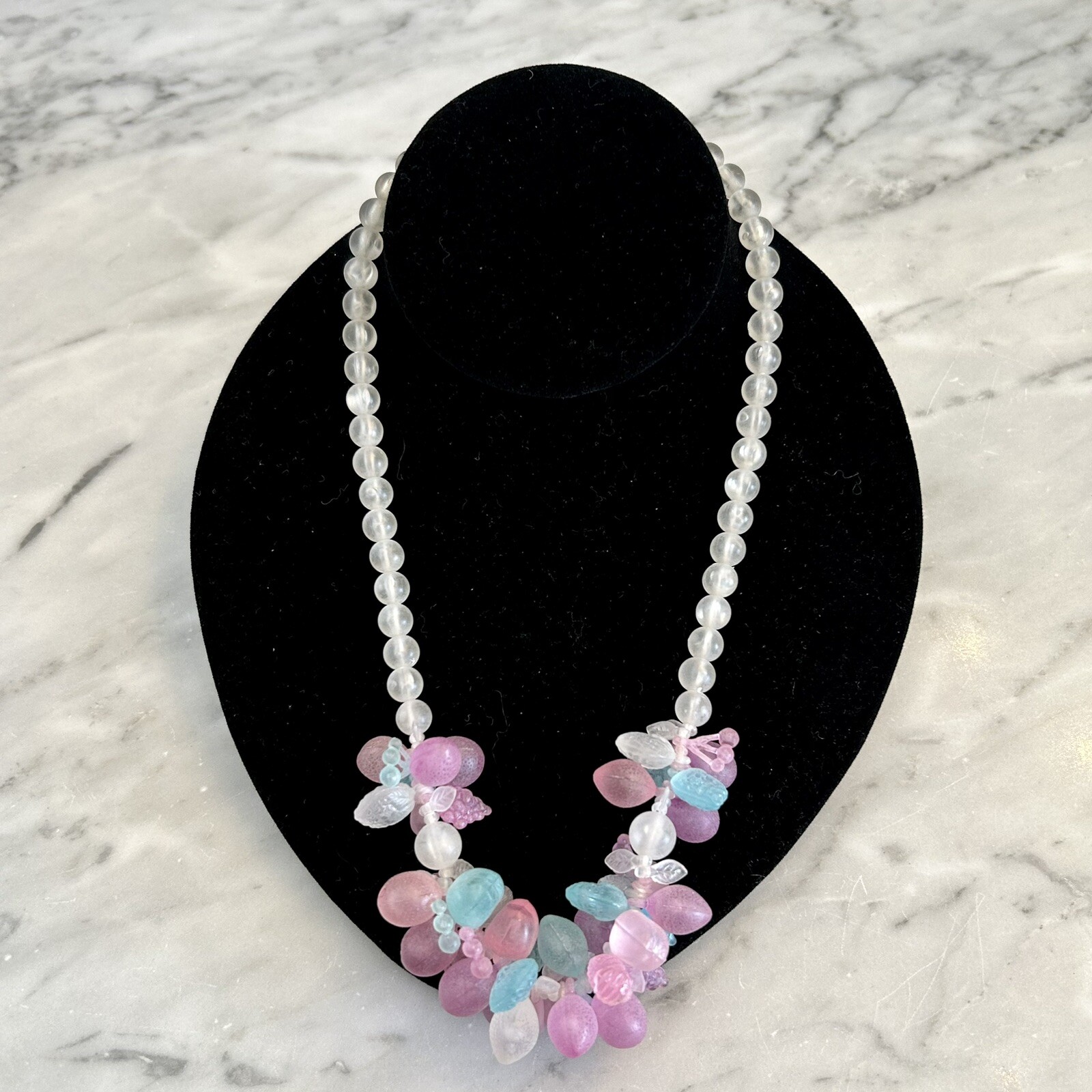 Vintage Frosted Lucite Fruit Salad Necklace Pastel Multicolor 50s/60s Kitsch 19″