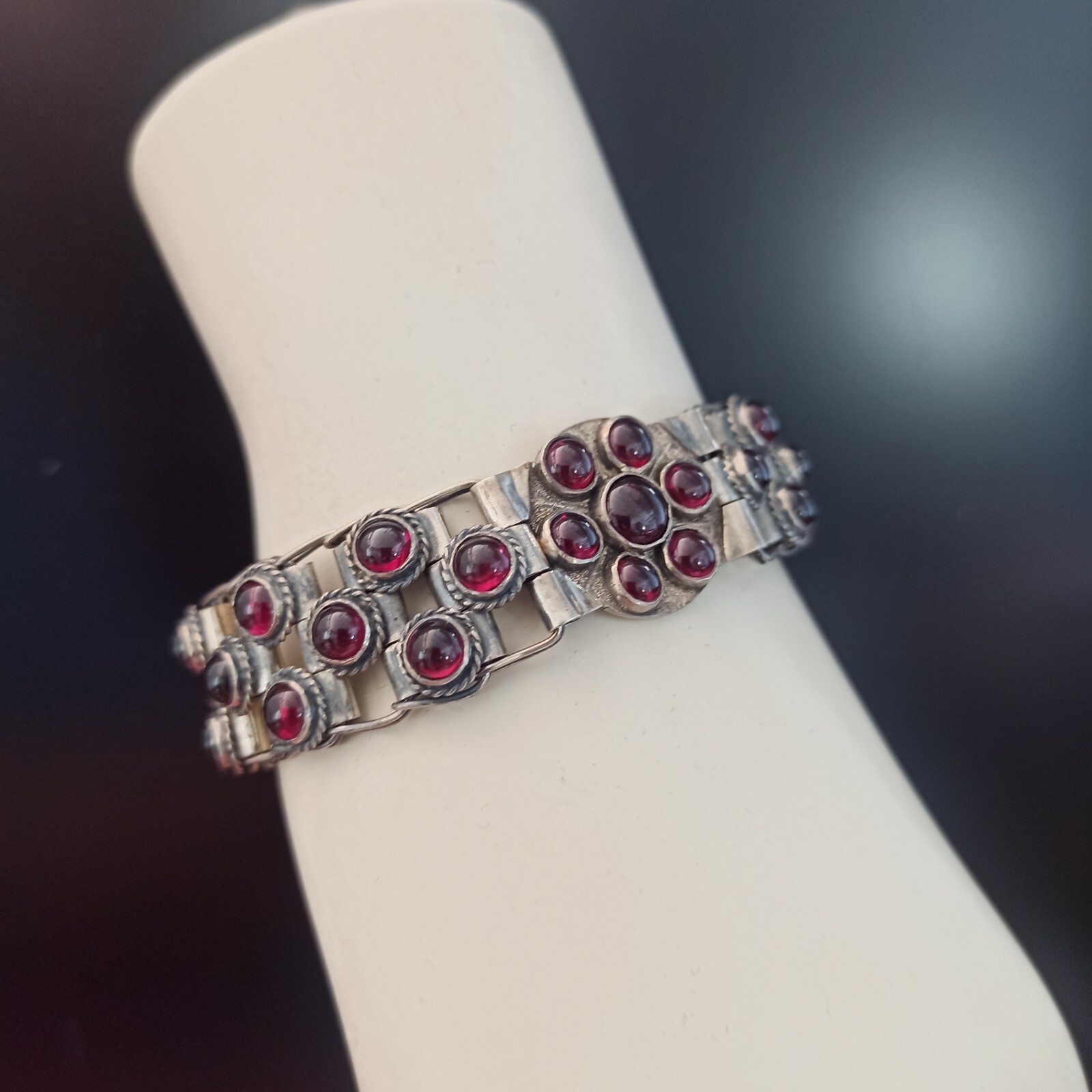Vintage Garnet Bracelet 925 Silver Wide Statement Artisan GI OOAK Ethnic Boho