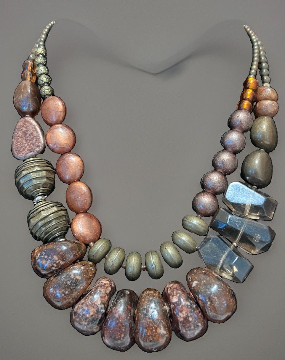 Vintage Boho Chunky Beaded Statement Necklace Earth Tones Acrylic Mixed Media
