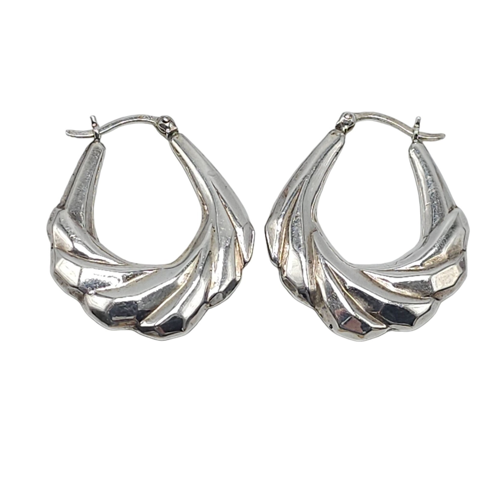 925 Sterling Silver Twist Puff Dangle Drop Hoop Earrings Vintage