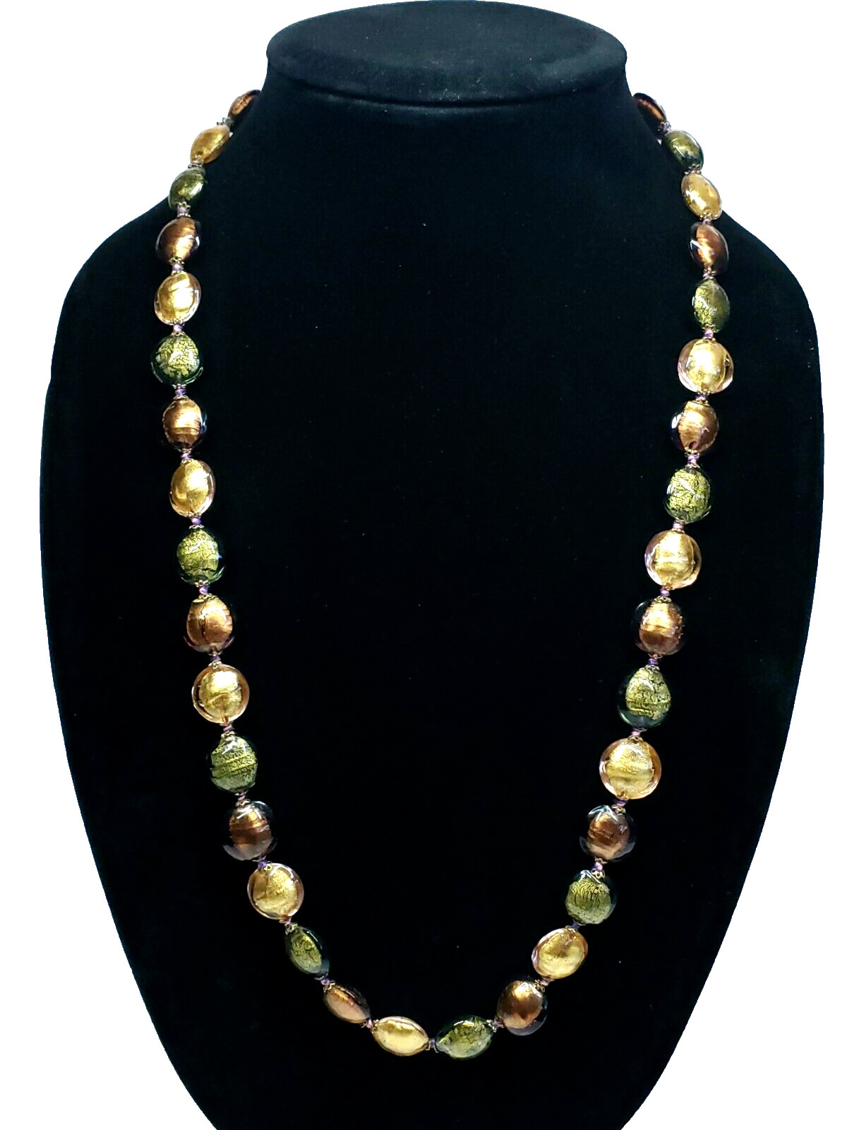 Vintage Signed Elma Venezia Italy Art Foil Glass Green Brown Gold Long Necklace