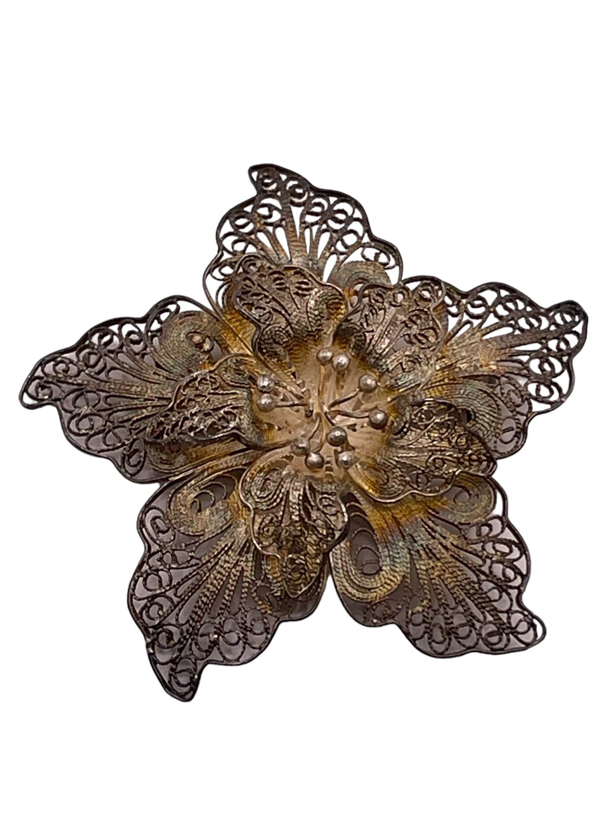 Vintage Filigree 800 Silver Flower Star Brooch Pin Swirl Layered Open Work