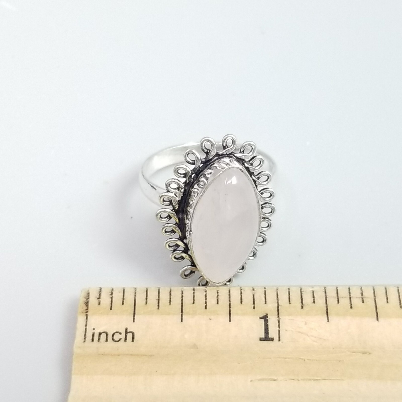 Vintage Marquise Shape Cabochon Ring, Very Light Pink, Size 7.5 Silver Tone Band