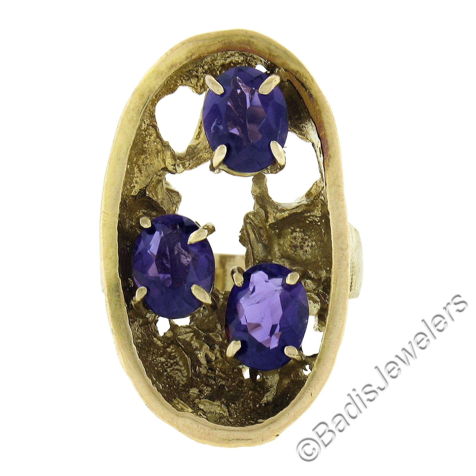 Vintage Yellow Gold 3.75ctw Oval Amethyst Open Textured Freeform Artsy Ring