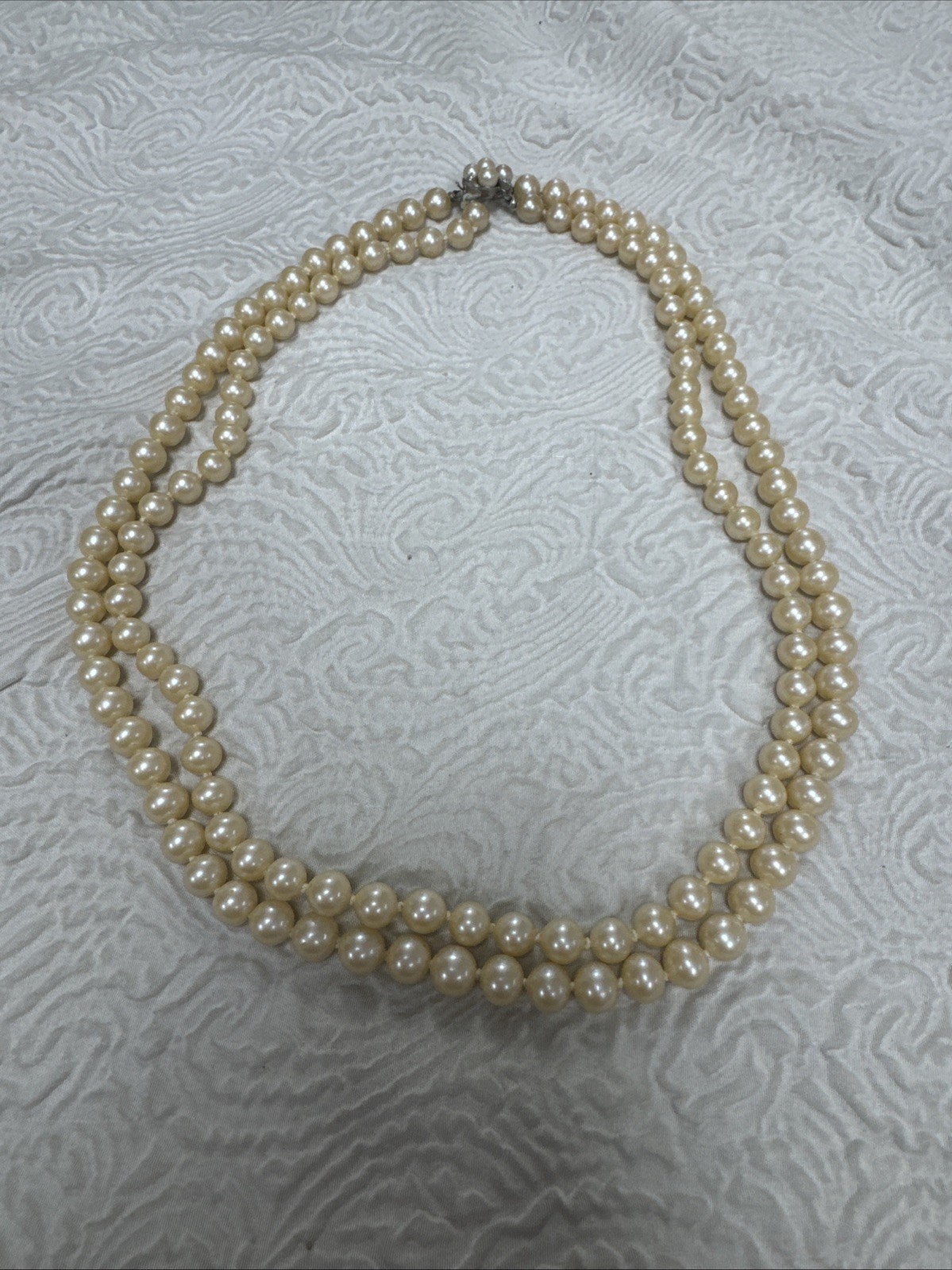 Vintage Hand Knotted Double Strand 24”Faux Pearls &Diamond Pearl Clasp 140 Grams