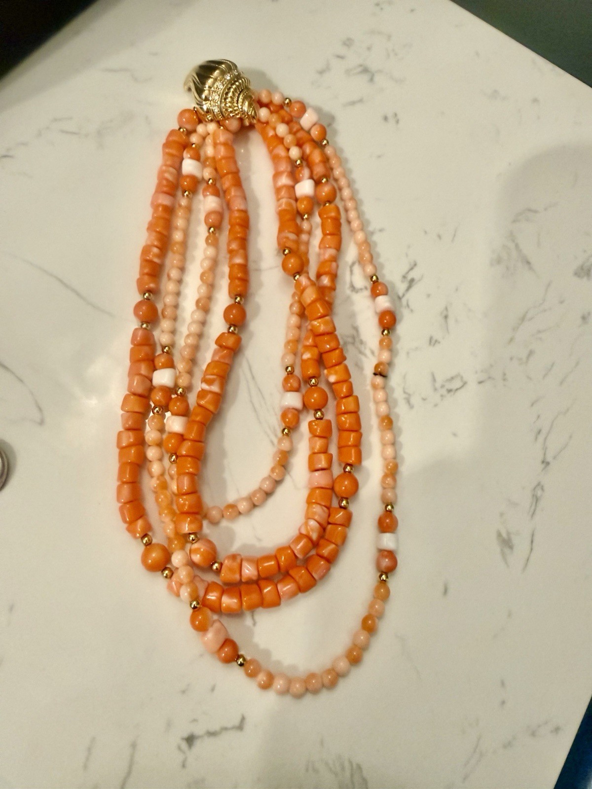 Vintage Orange Coral Avon double Layered Beaded Collar Gold shell Necklace