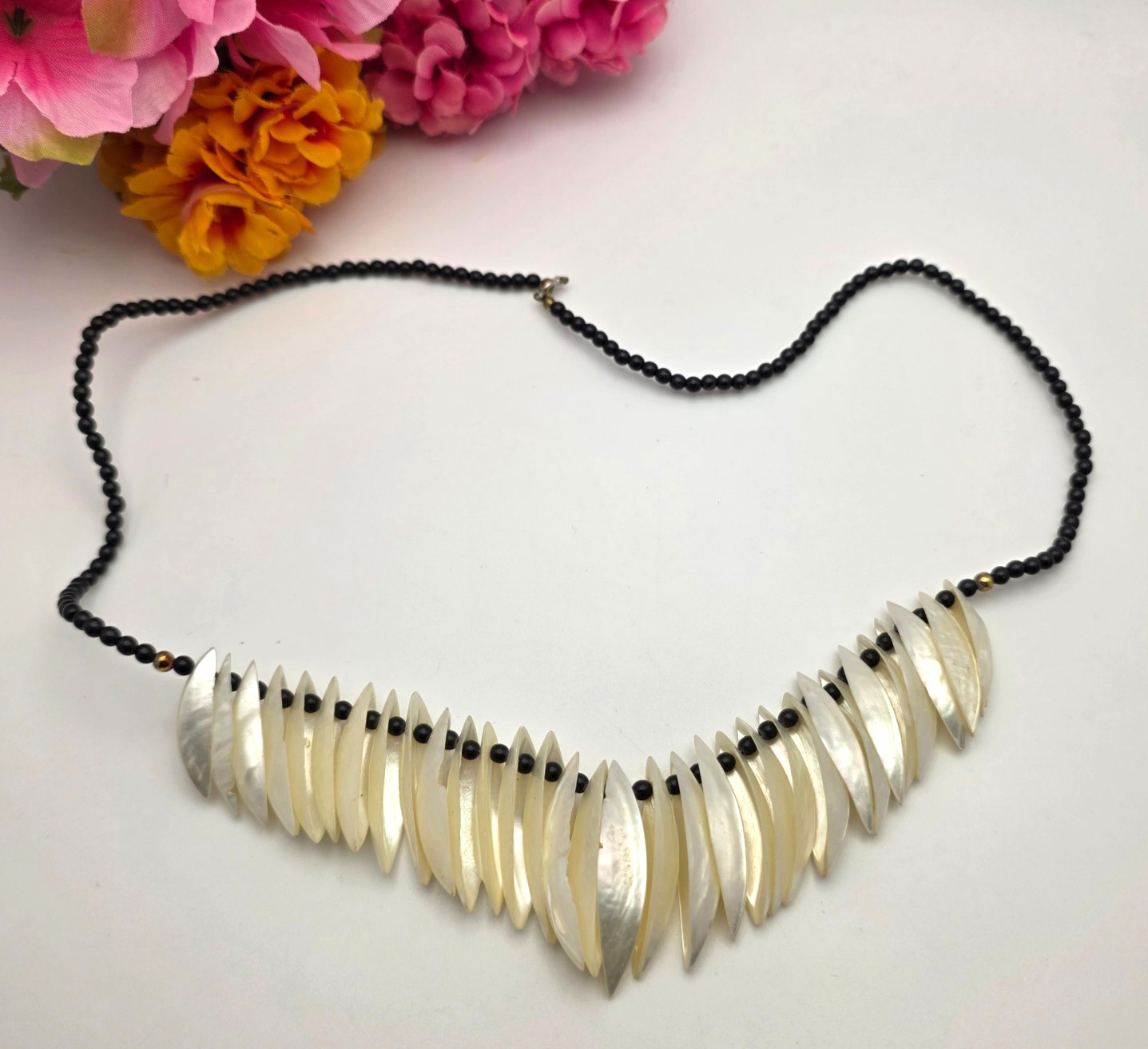 Vintage Mother Of Pearl Shell Fringe Bib Necklace Black Bead Tribal Boho 25″