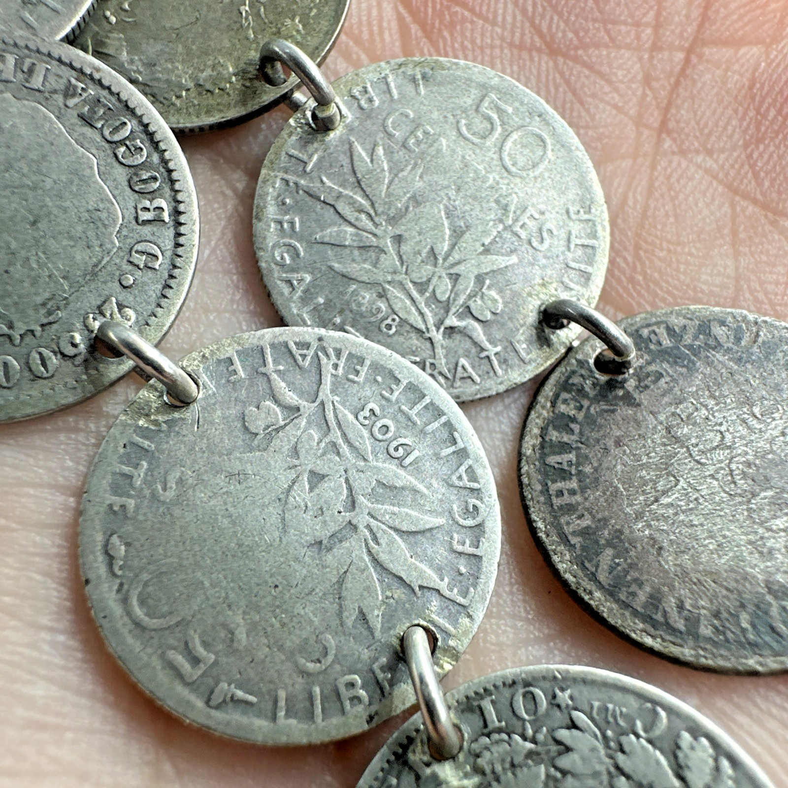 Antique Multinational Coin Link Silver Bracelet Years 1853 – 1903 19g Sz 6.25