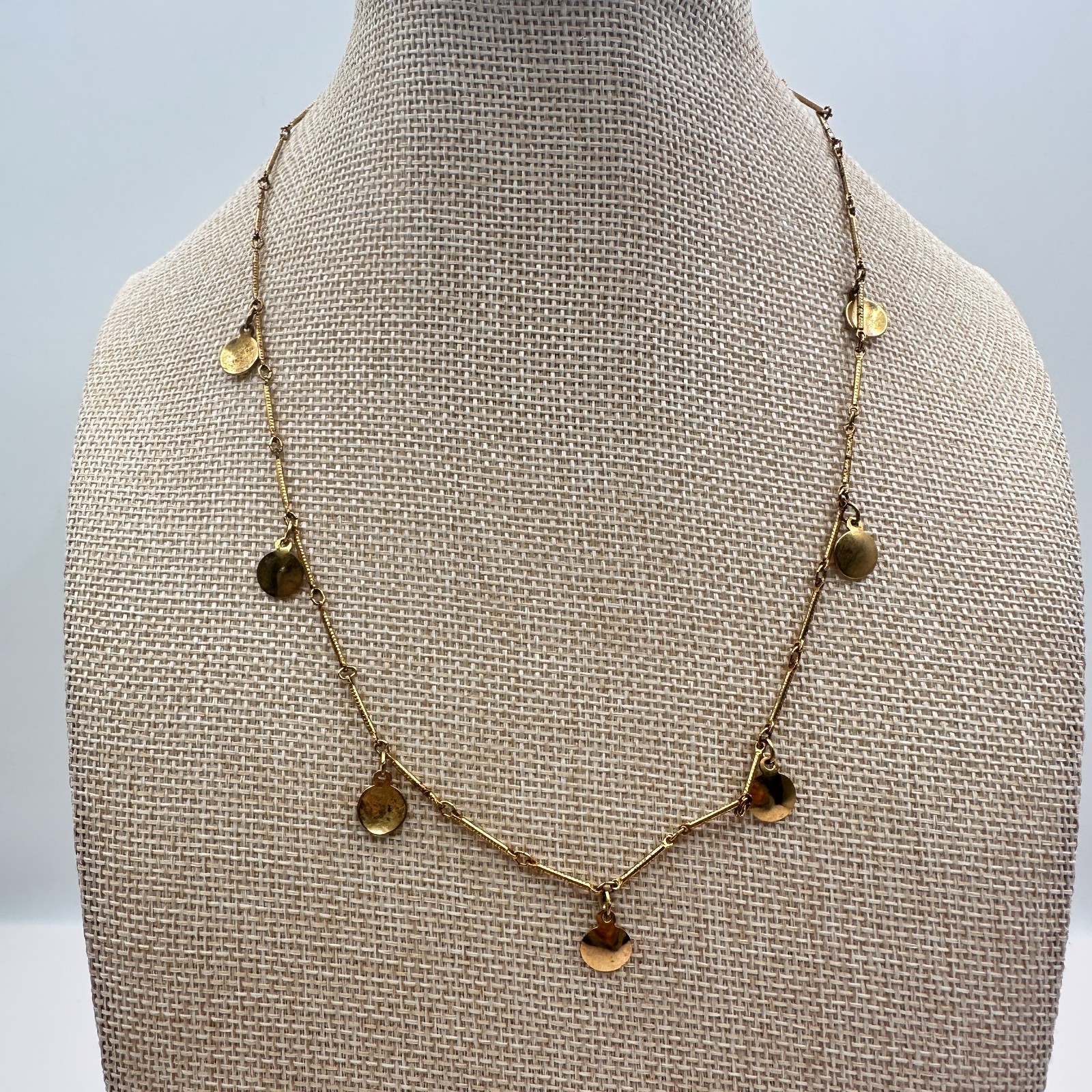 Vintage 90s Gold Tone Circle Disc Charm Station Necklace Minimalist Jewelry