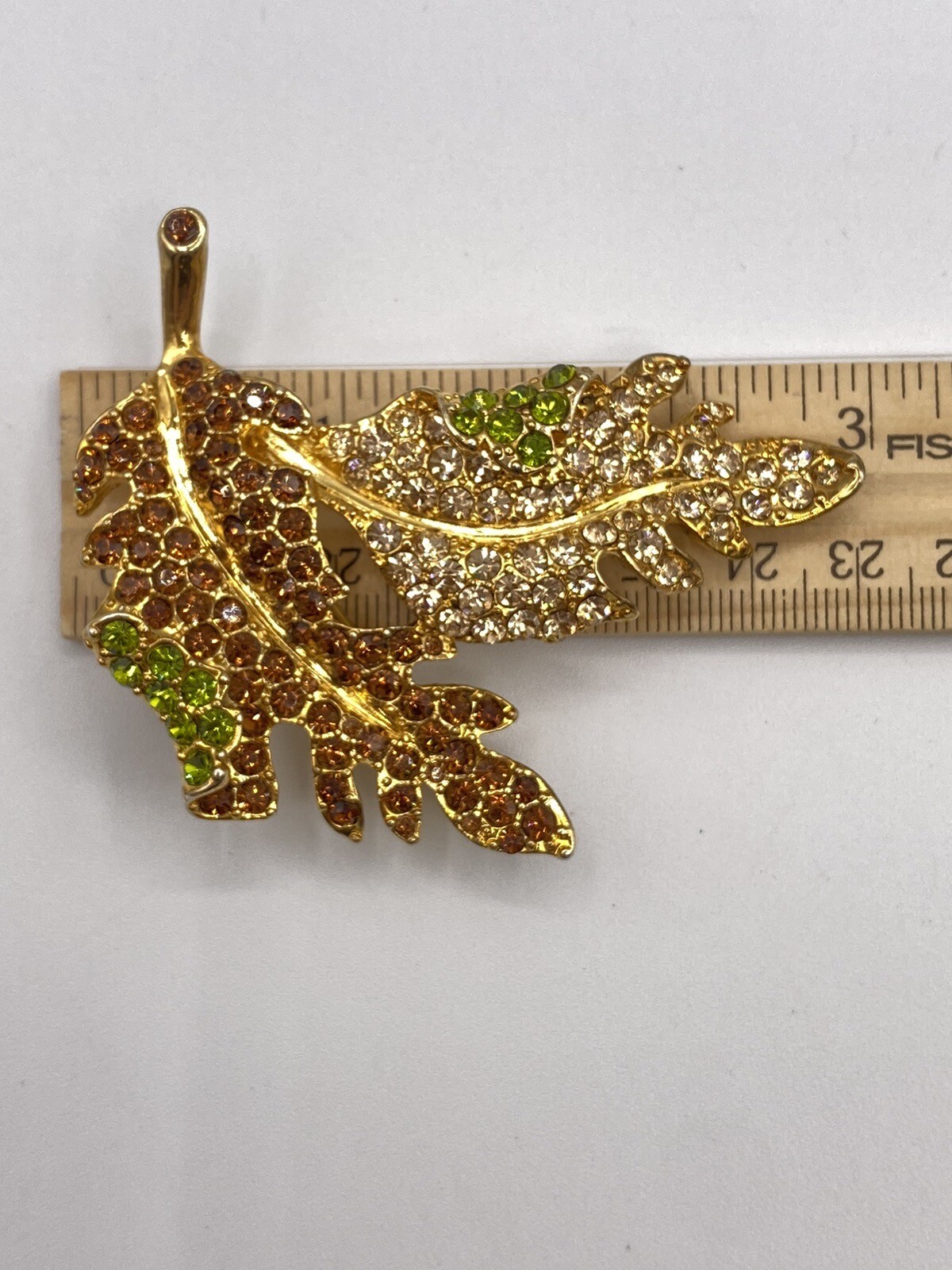 Brooch Kenneth J Lane KJL Signed Leaf Leaves Rhinestones Gold Tone With Box NICE