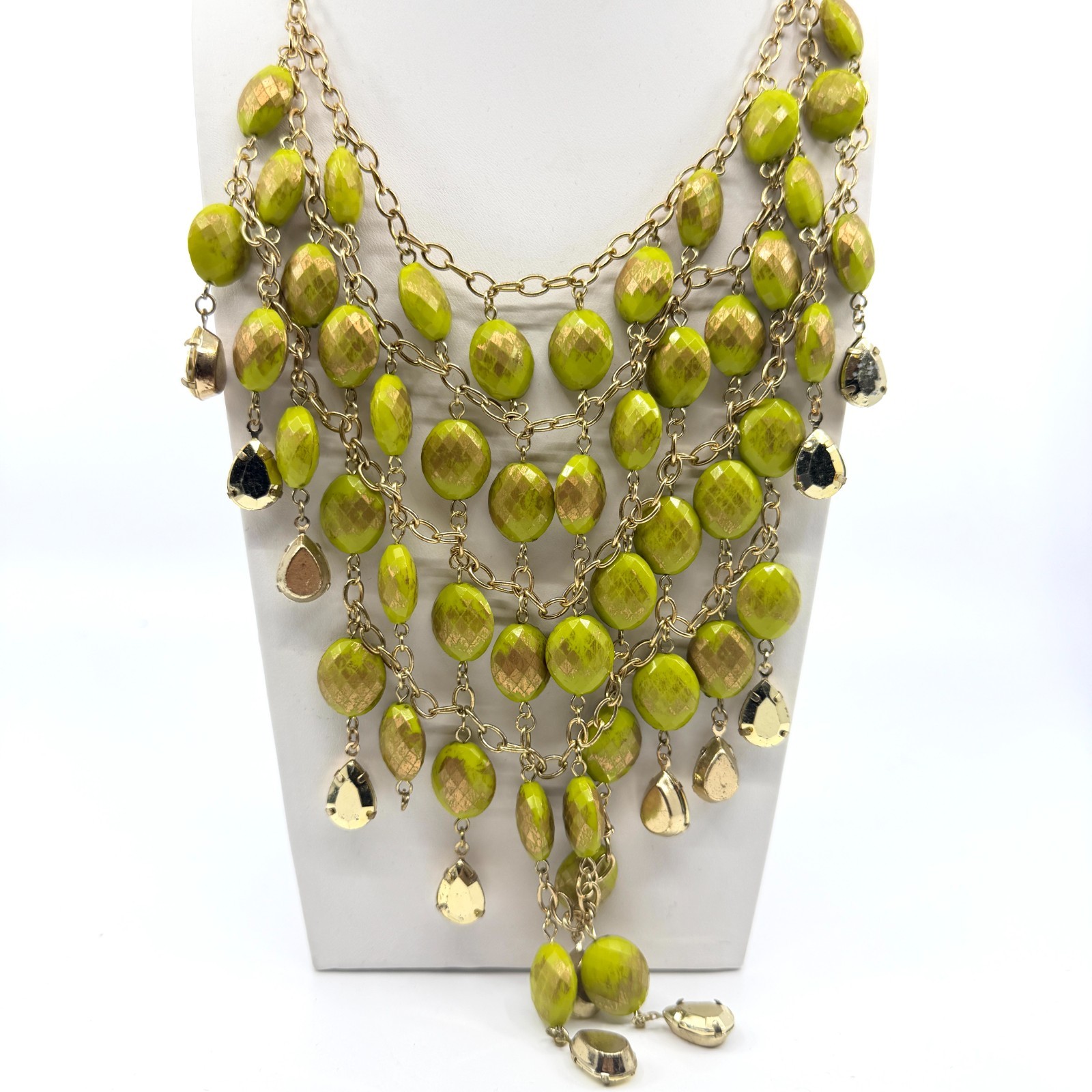Necklace Vintage Gold Tone Lime Green Bead Bib Statement Bold Chunky Retro Y2K