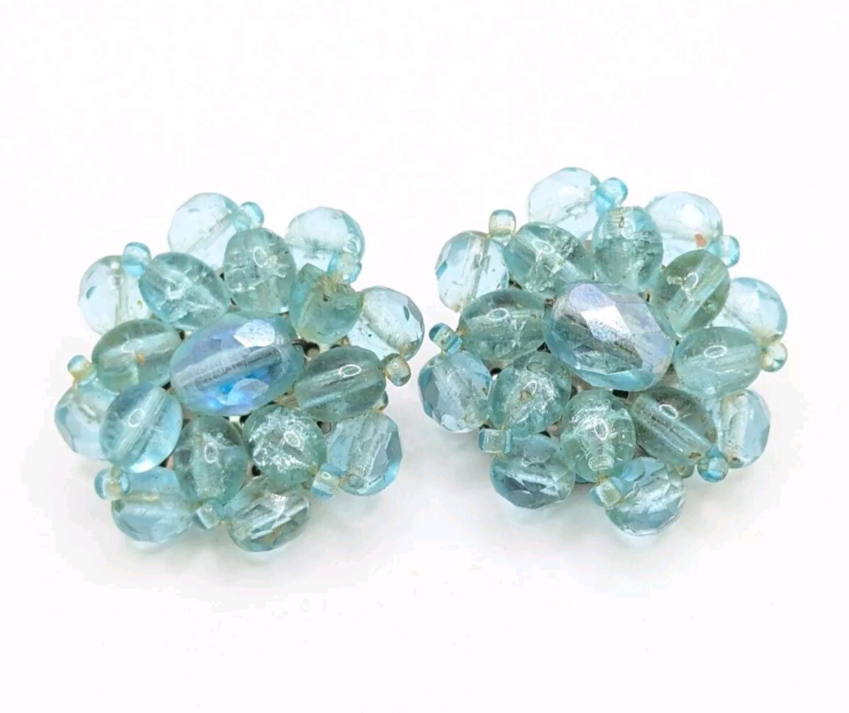 Rare Vintage Western Germany Blue Glass Beaded Clip On Earrings Something GIft