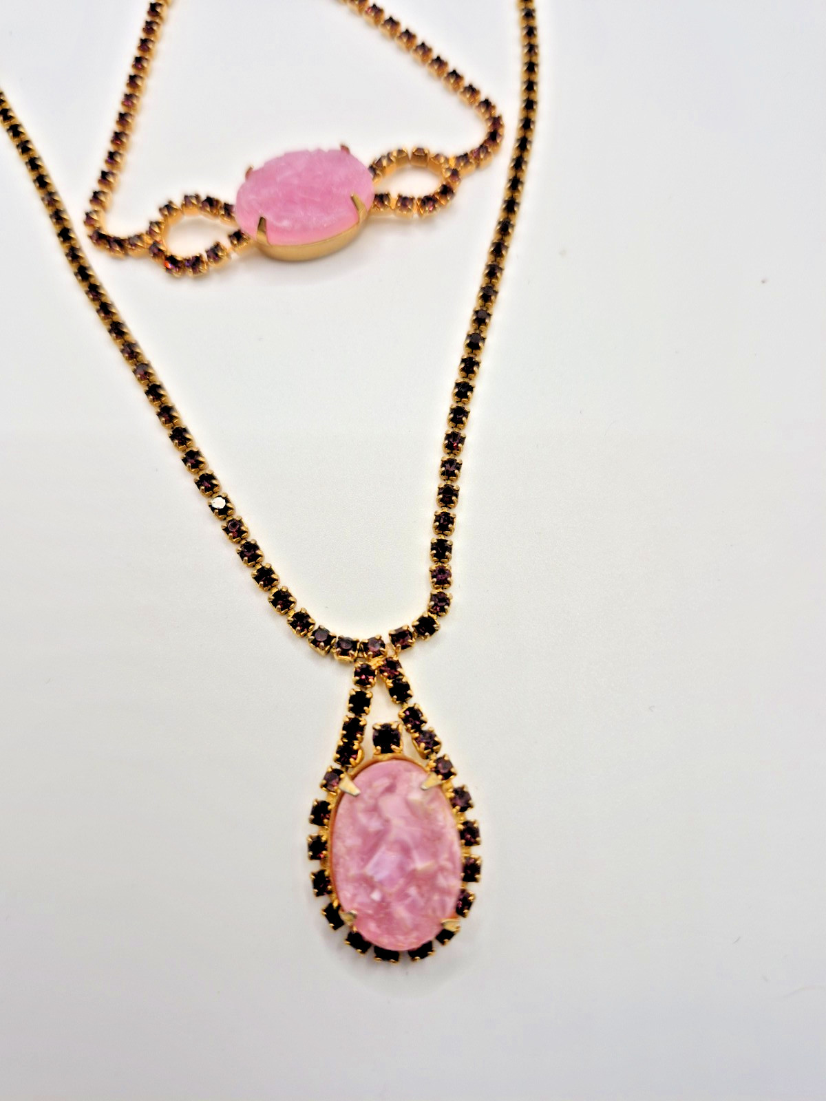 VTG CELEBRITY NY Necklace Bracelet Pink Geode/Pink Druzy w/ Purple Rhinestones