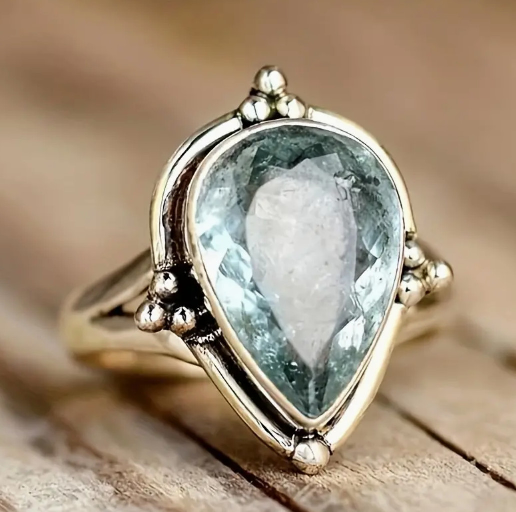 Vintage Inspired Silver Plated Ring Waterish Blue Green Gemstone Water Drop Sz9