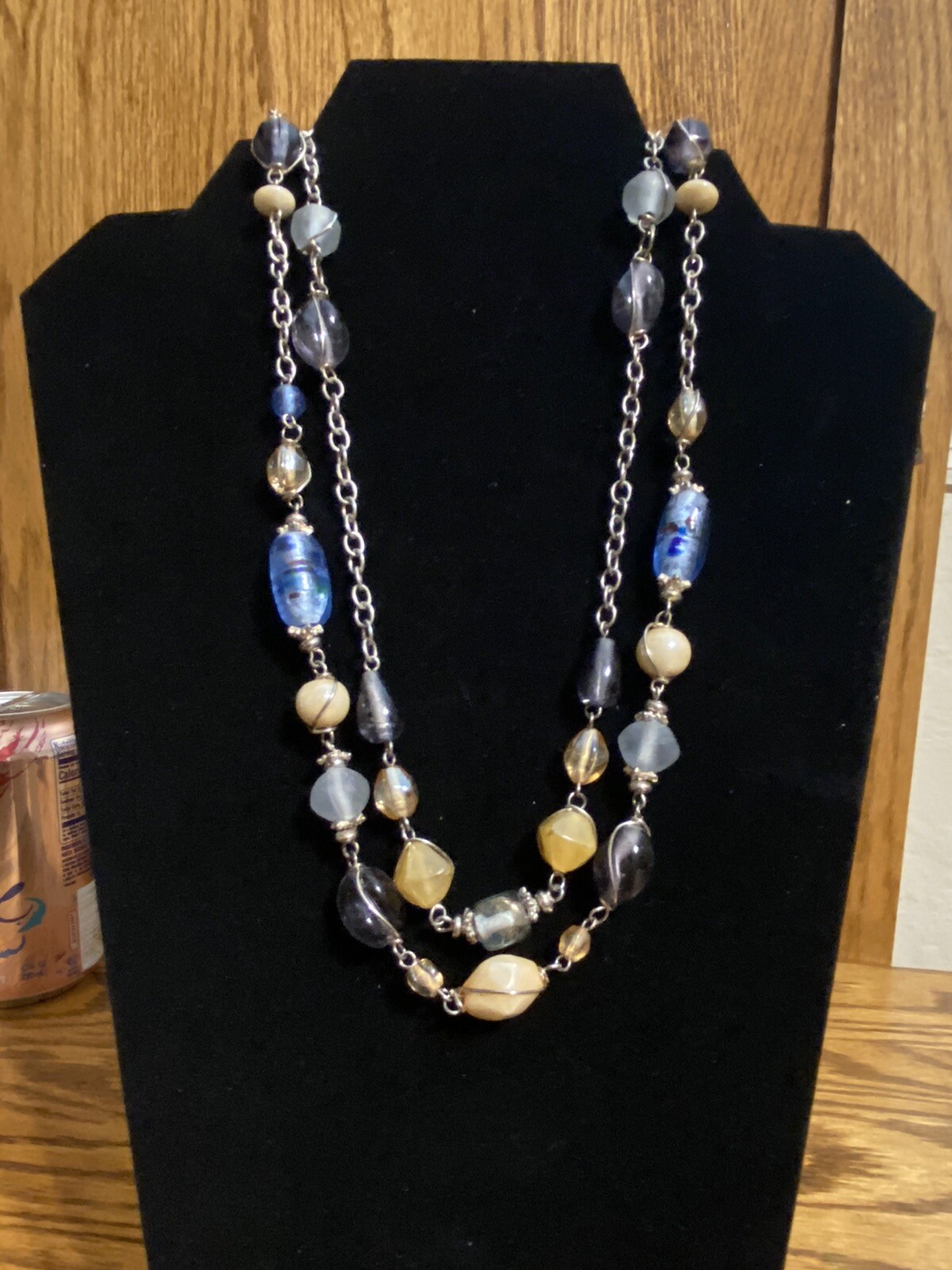 Blue, Purple, Beige, Off White, And Silver Multi-strand Glass Necklace