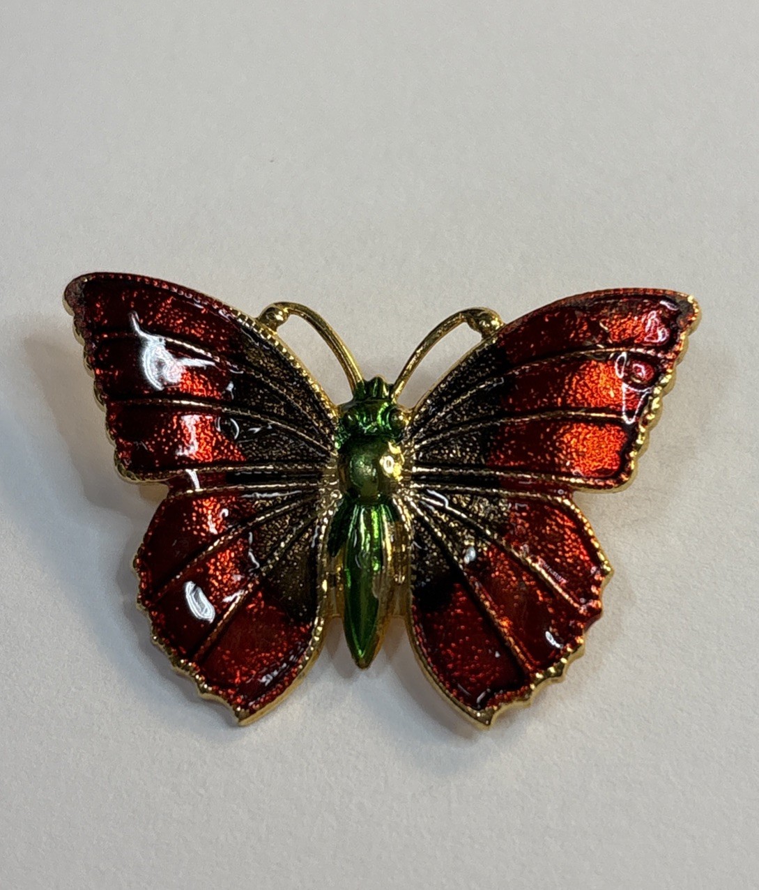 Vintage Butterfly Colorful Enamel On Gold Colored Metal Lapel Pin Brooch Red