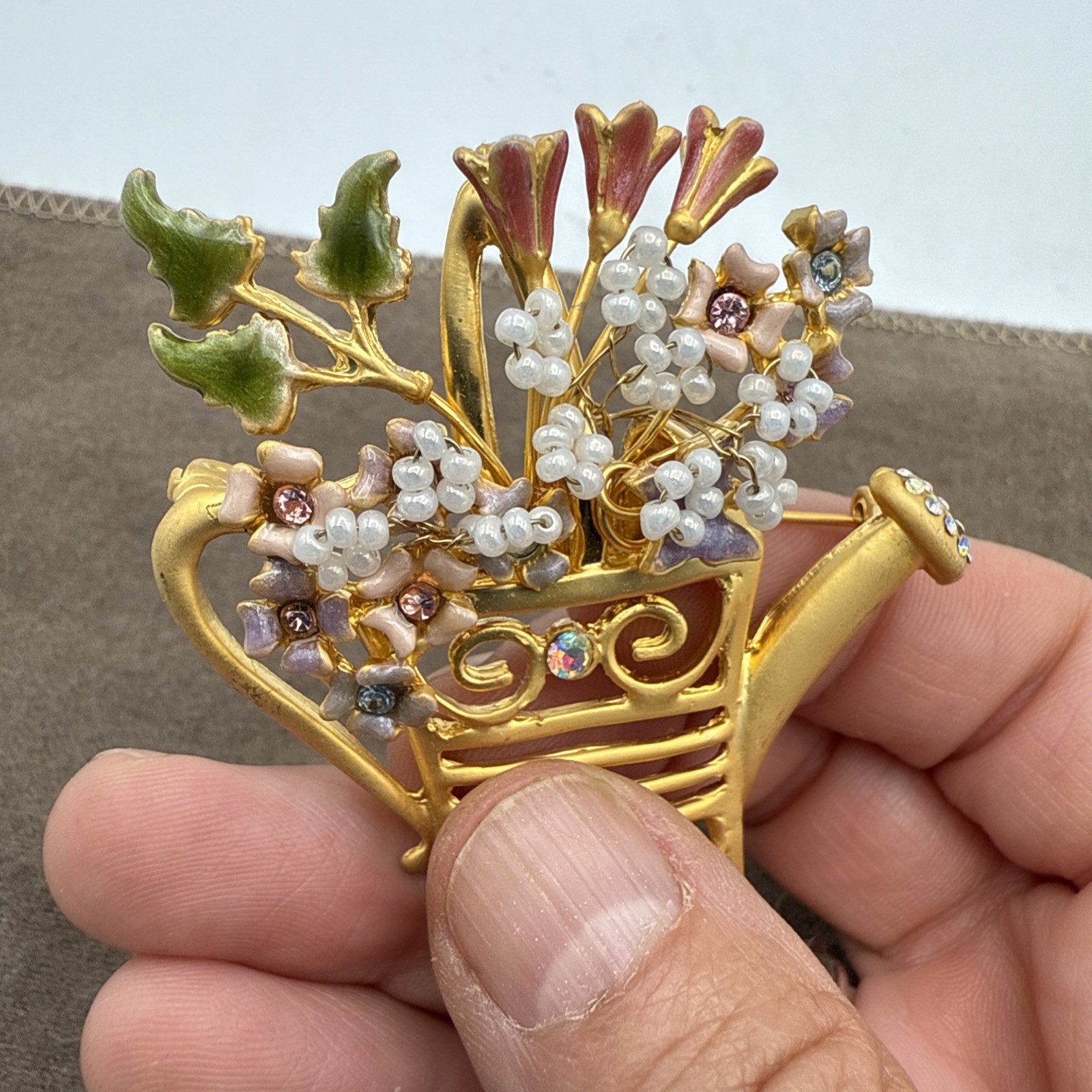VTG Spring Watering Can Brooch Flowers Gardening Gardener Rhinestones & Enamel