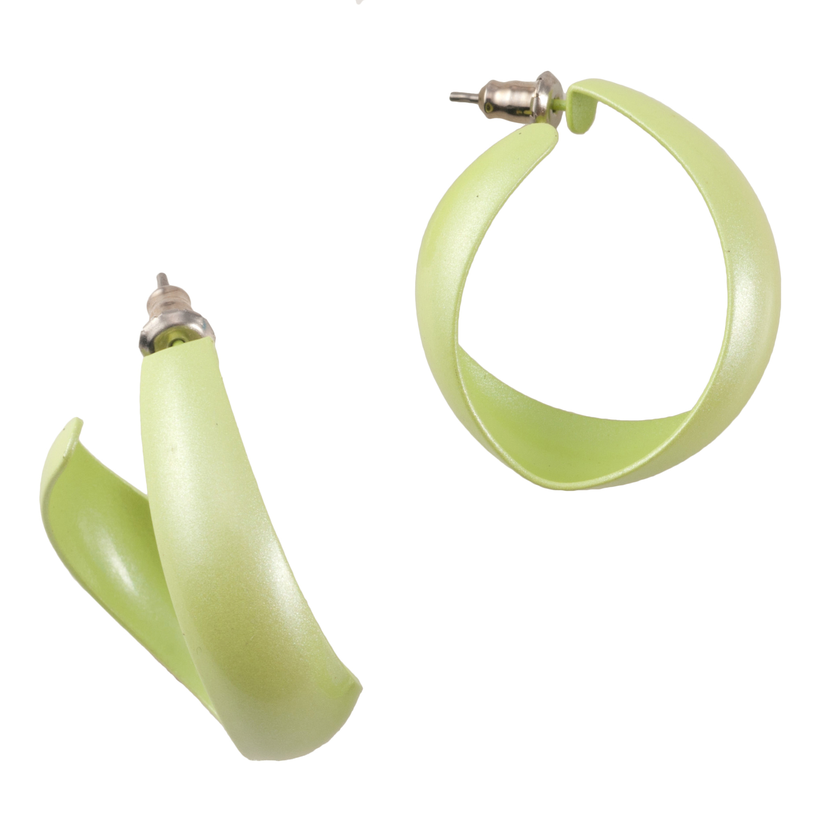 Pastel Lime Green Enamel Curved Hoop Pierced Earrings 1″ 1980s Retro