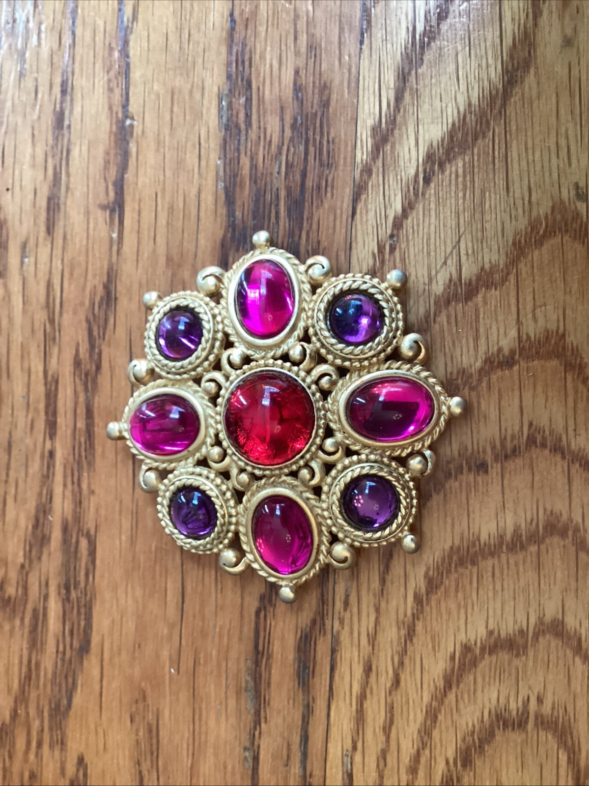 Vintage Gold Tone Brooch With Purple Pink Red Cabochons 2.5”