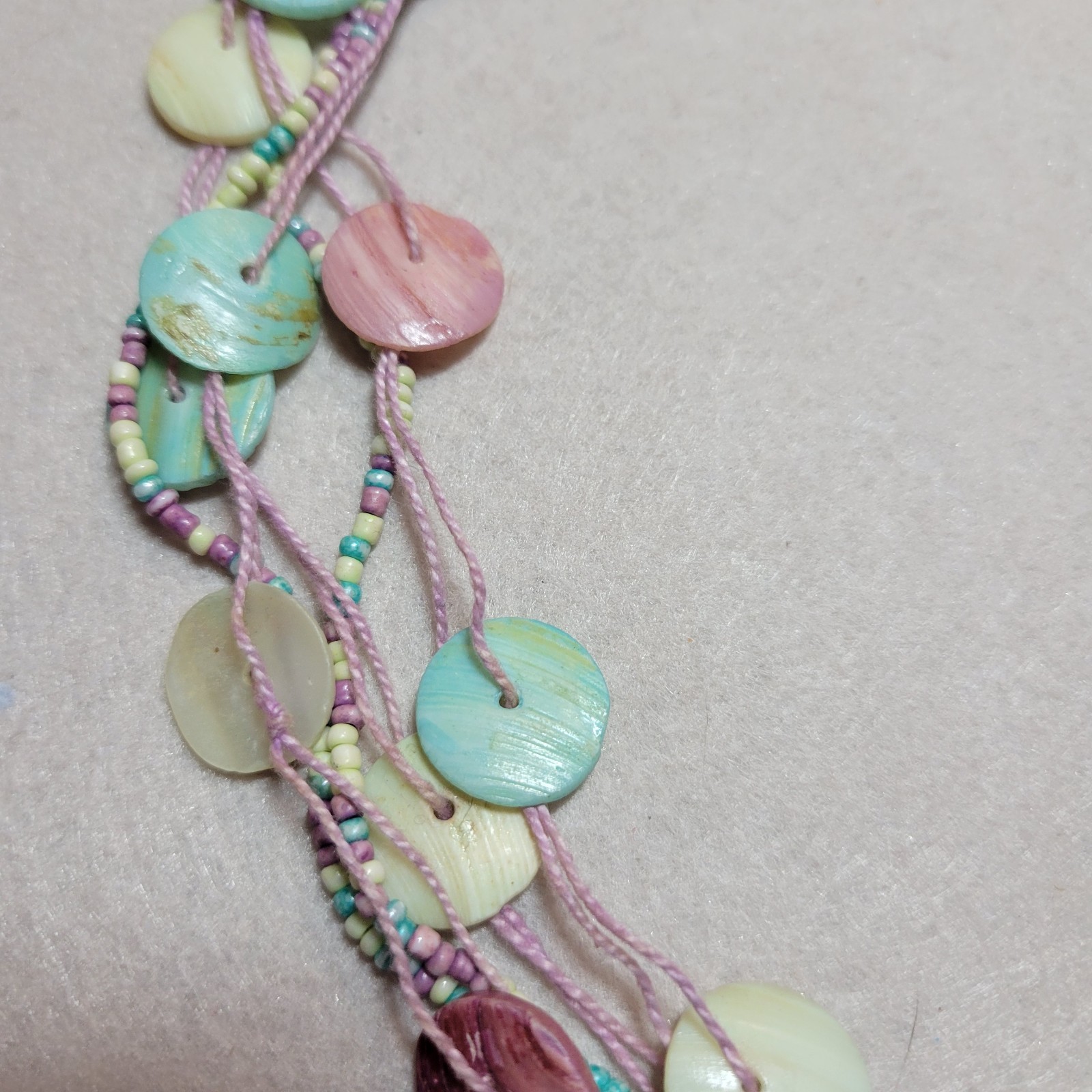 Vintage Pastel Shell & Beads Layered Necklace Pink Blue Green Ocean Boho Mermaid