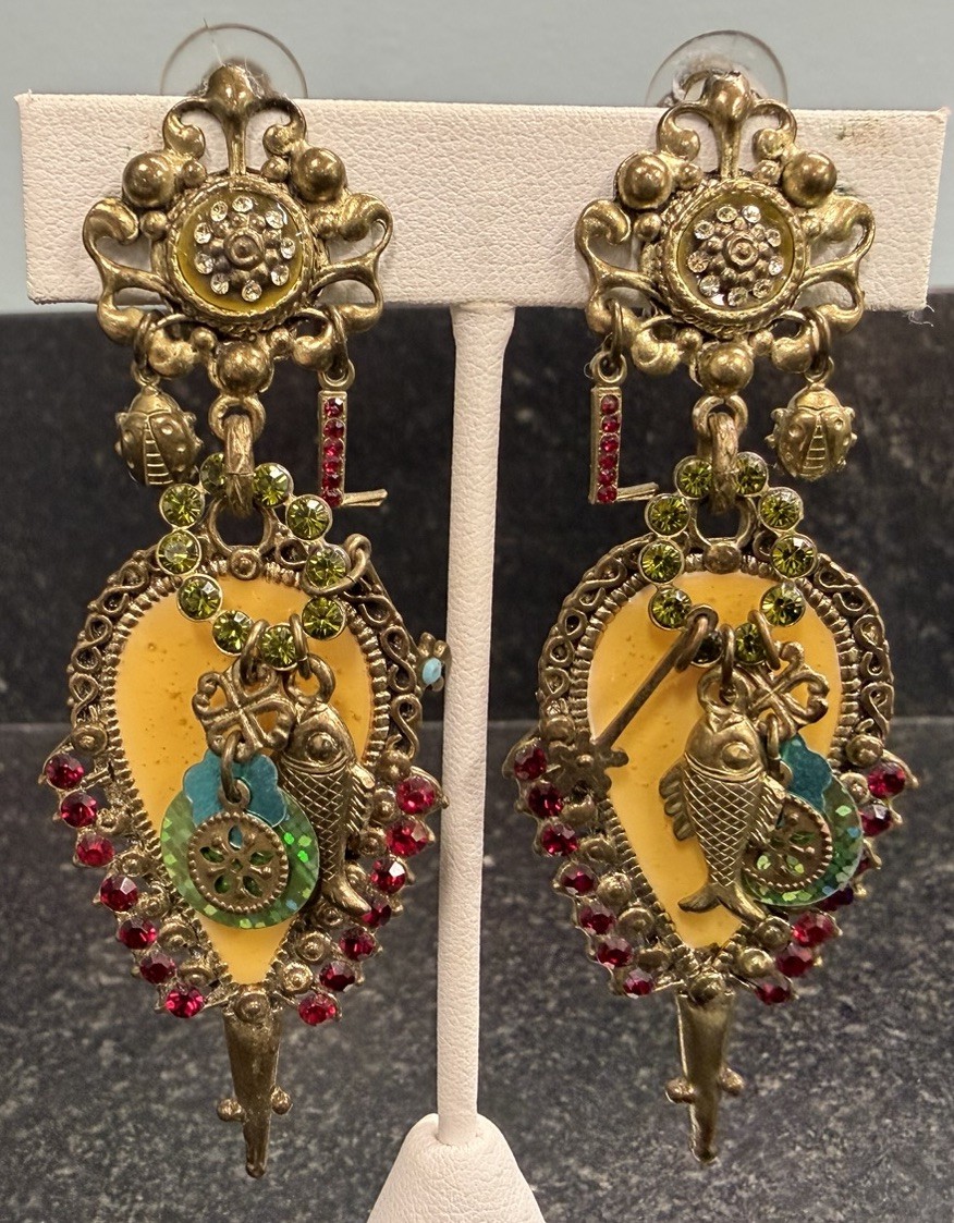 Les Gens du Sud Vintage French Statement Clip On Earrings Fish Ladybug Clover 3″
