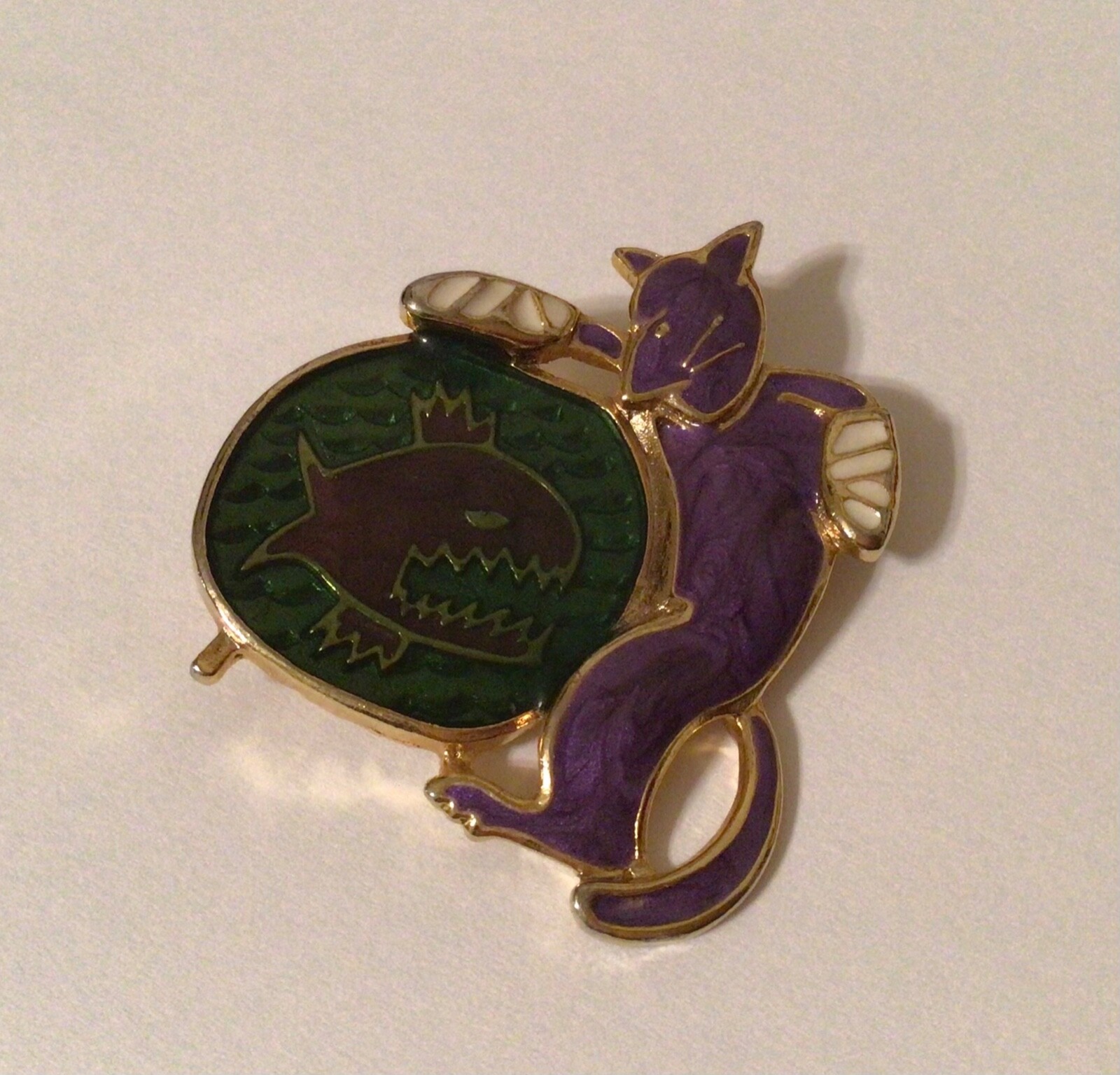 Vintage Berebi Signed Cat & Fish Brooch/Pin Purple/Green/White Enamel Gold Tone
