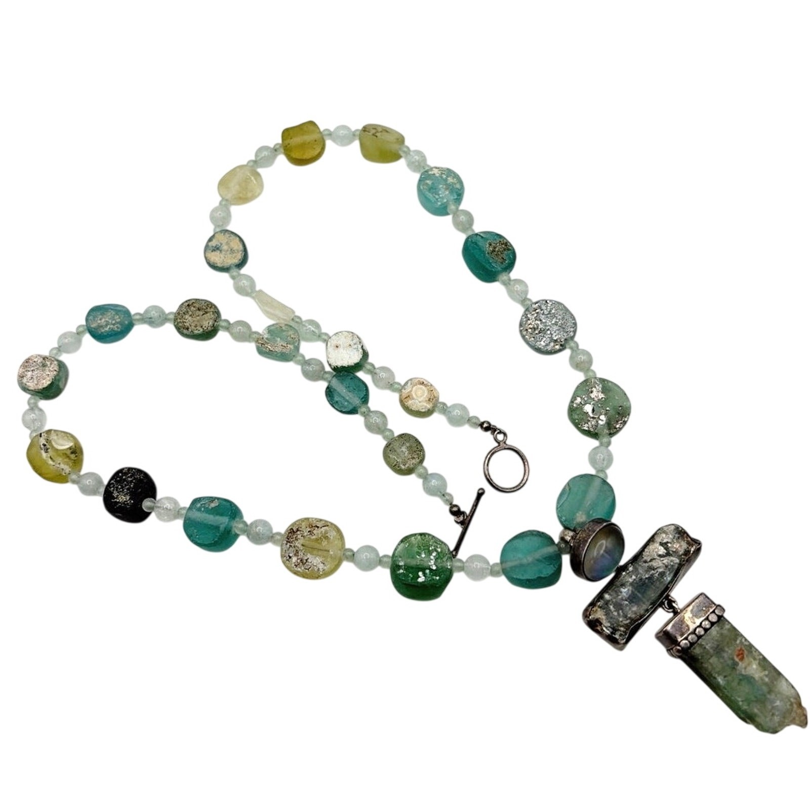 Amy Kahn Russell 925 Sterling Silver and Ancient Roman Glass Necklace 23”