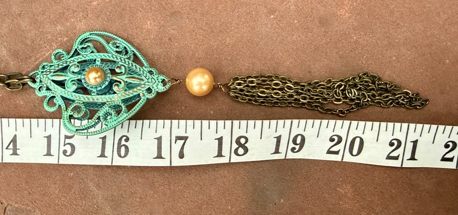 Vintage Patina Metal Filigree Medallion Tassel Necklace Art Nouveau 28″