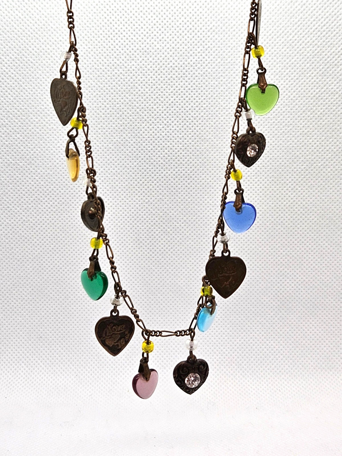 Vintage GLASS WORKS STUDIO Brass Multi Color Glass Heart Necklace 16″