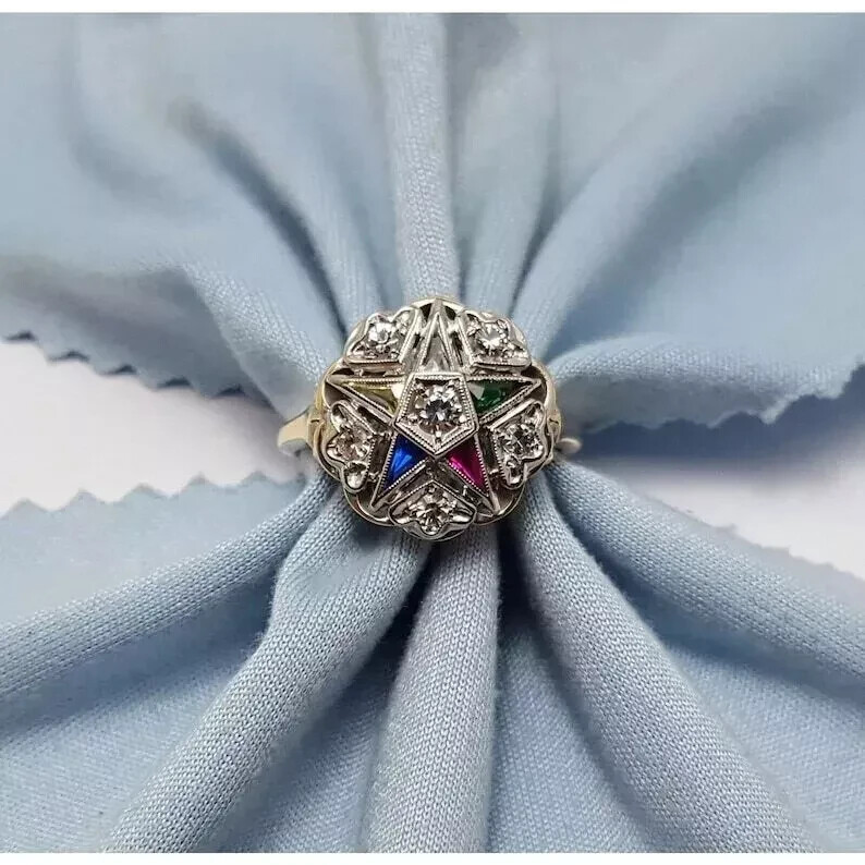 Eastern Star Multi-Color Lab Created Diamond 14K Gold FN Art Deco Wedding Ring
