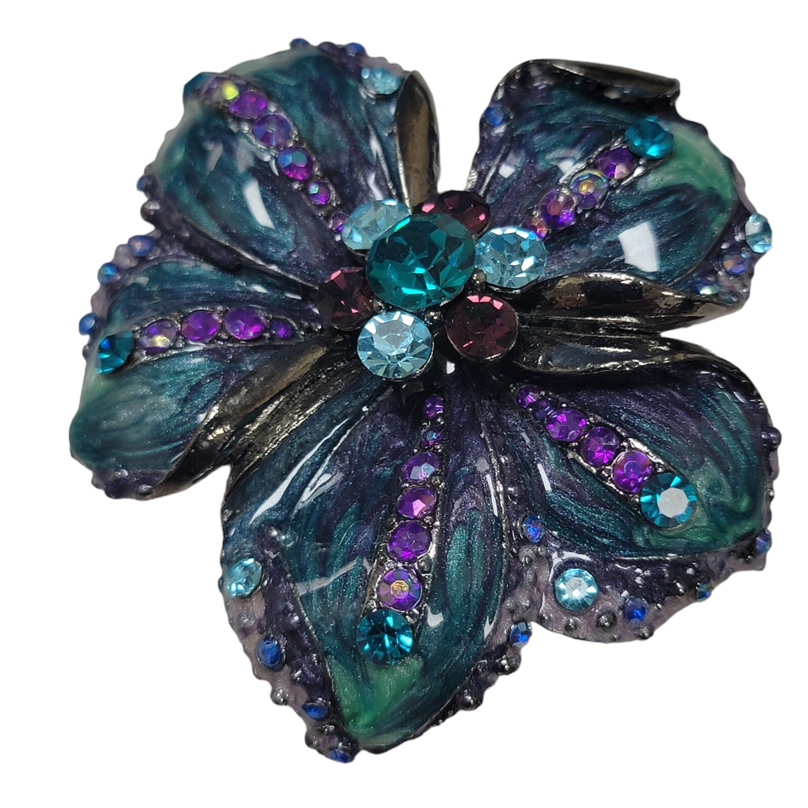 Vtg Estate Brooch 2″ Teal Purple Green Light Blue Rhinestone