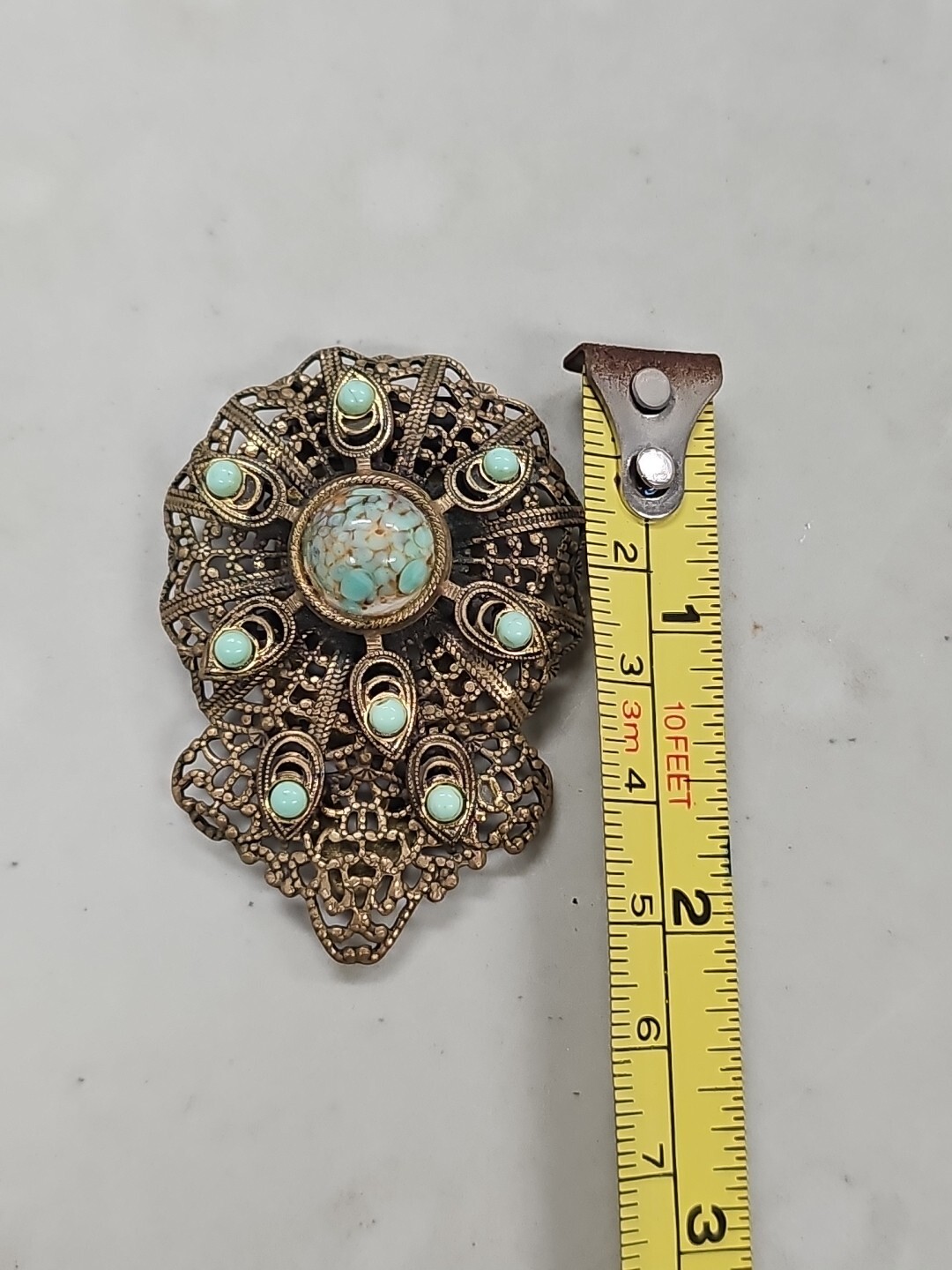 Vintage Metal Filigree Faux Turquoise Fur Clip