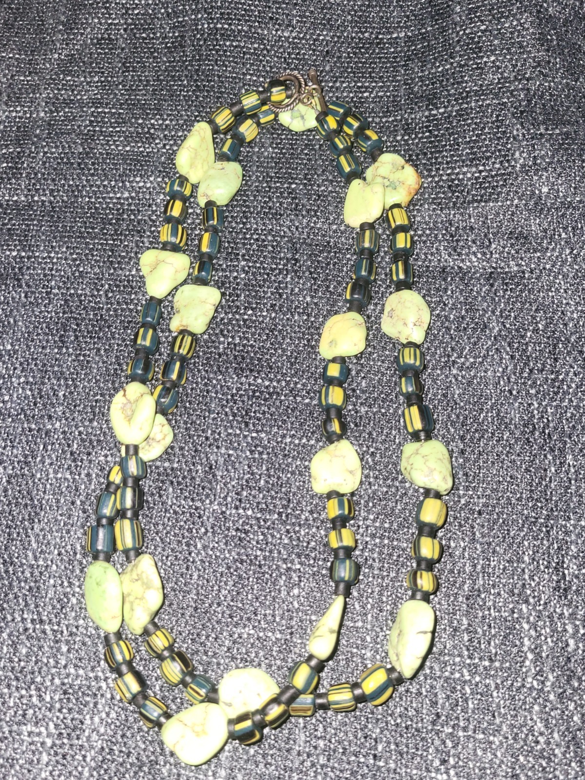 ​Vintage Global Folk Art Beaded Necklace, Green Stone & Striped Glass Beads