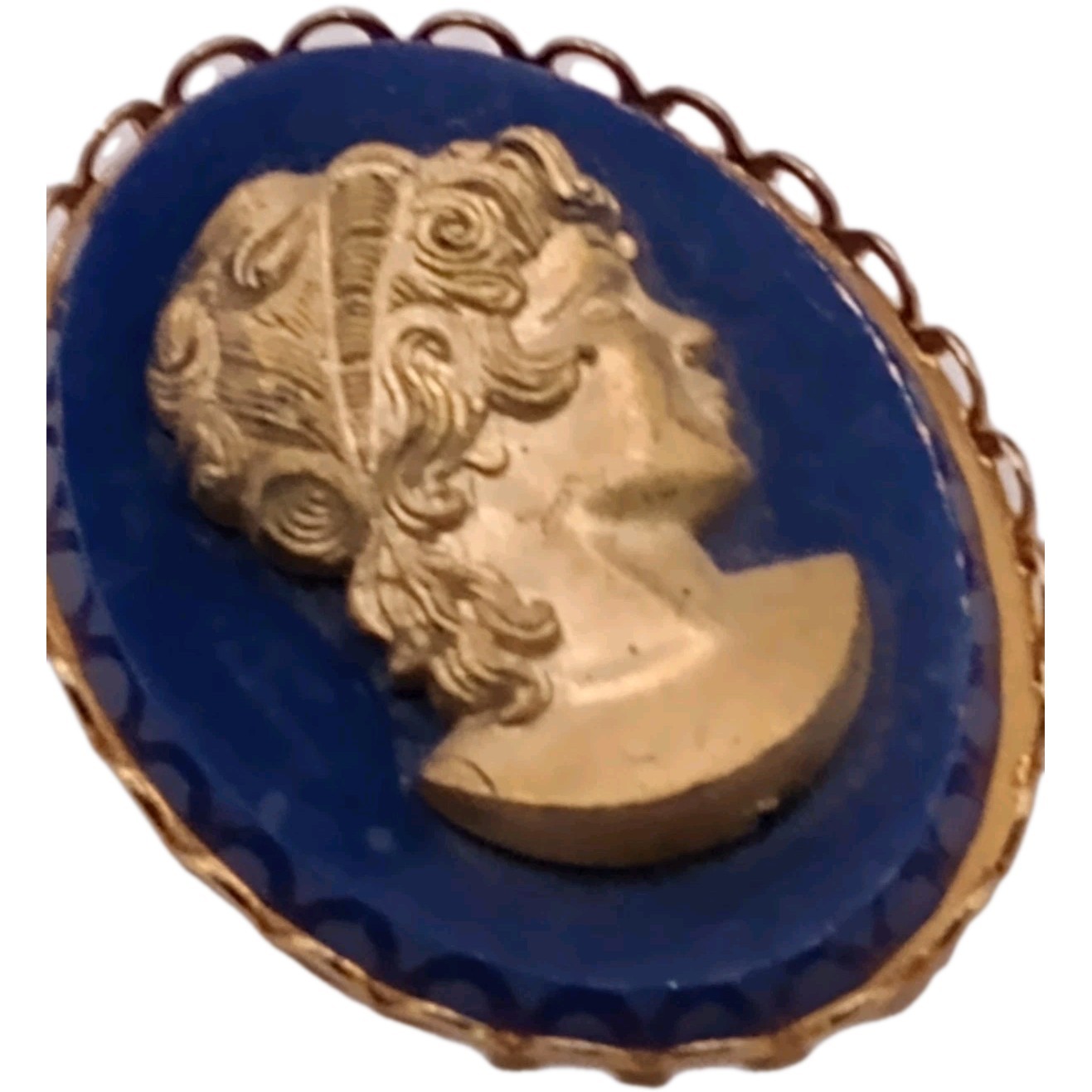 Vintage Blue Gold Cameo Brooch Greek roman goddess Female Profile Pin 1 3/4 in