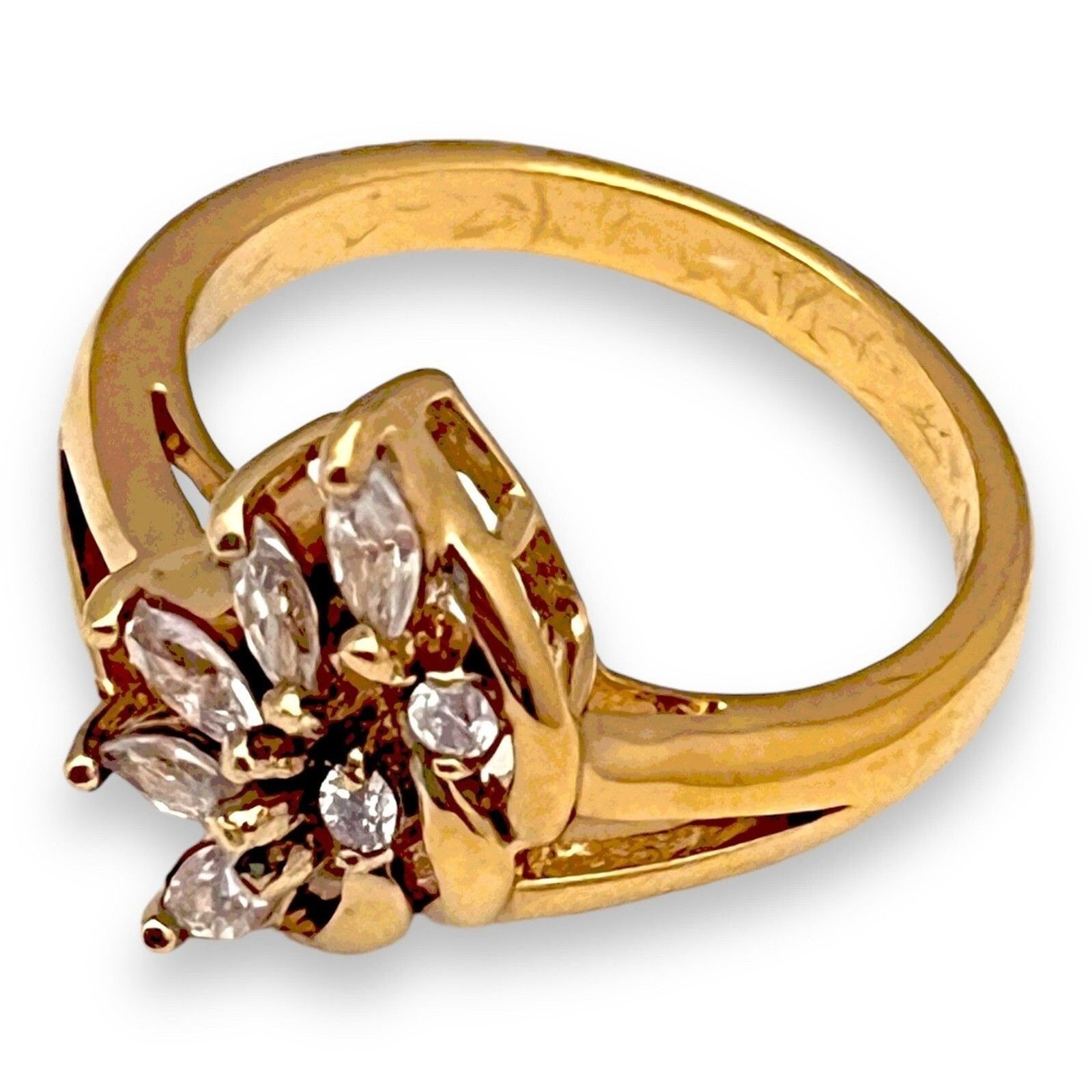 Vintage 1970s Ring Size 9 CZ Cluster Marquise Prong Set Gold Plated – 14I