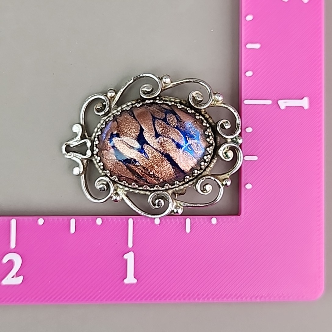 Vintage Foiled Glass Cabochon Brooch Aventurine Glittered Blue Undertone 1.5″