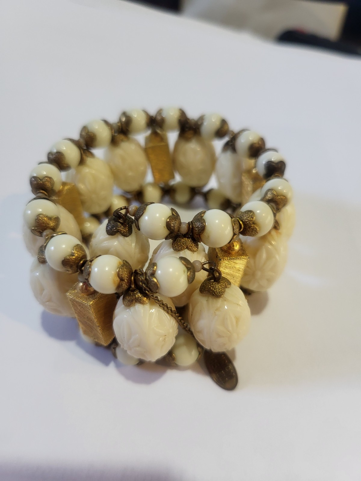 Signed Miriam Haskell “Ivory” and “gold” bead vintage bracelet