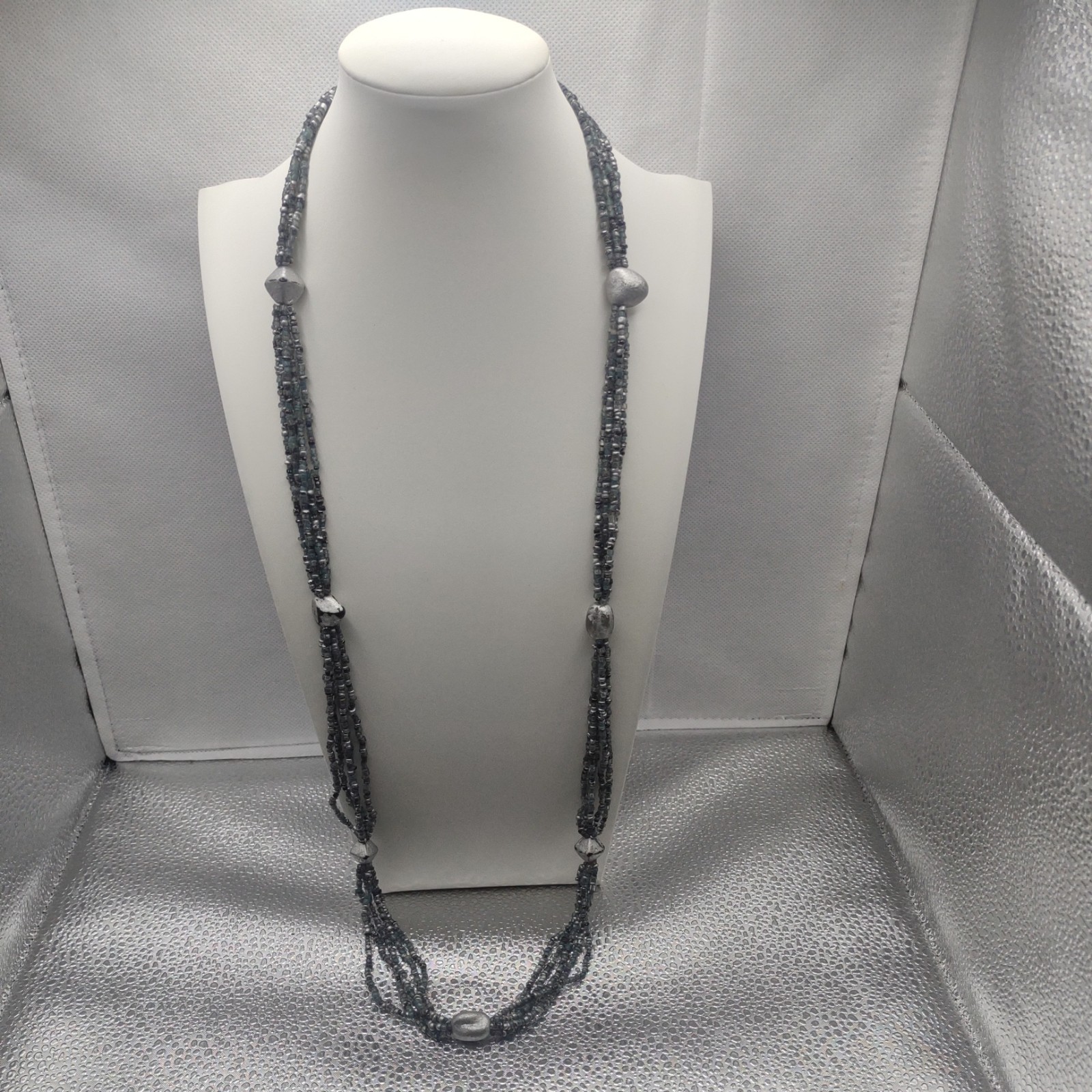 Vintage Shiny Black, Grey, White Necklace 5 Strand Stone Seed Bead Jewelry 17″