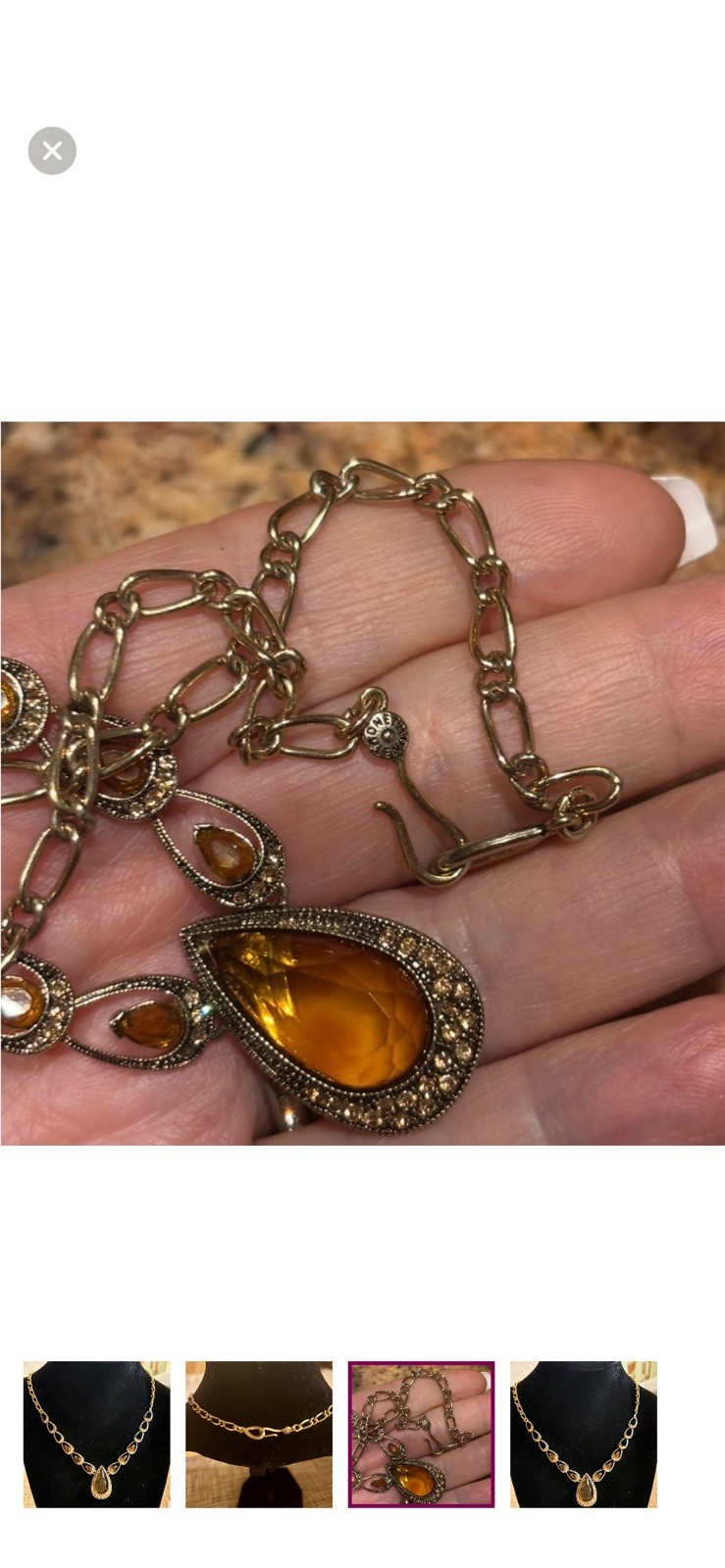Monet Gold Tone Amber Color Faceted Glass & Rhinestones Teardrop Necklace