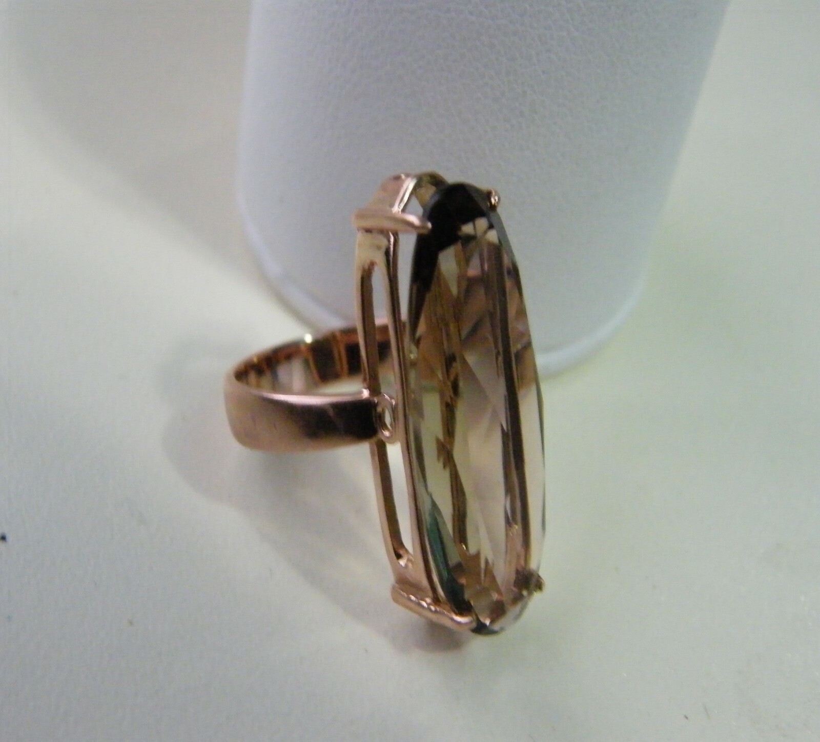 ART DECO 9CT ROSE GOLD 13CT SMOKEY QUARTZ LONG RING, SIZE Q, STUNNING, 8.04 GRMS