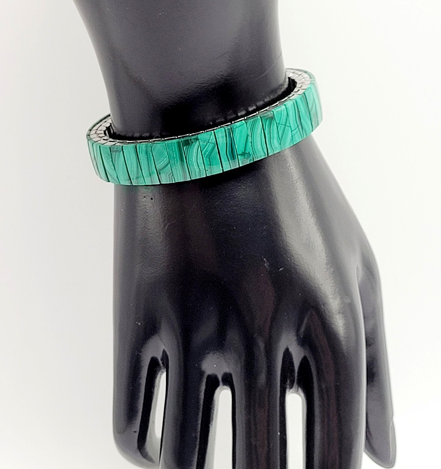 Malachite Stone Green Veneer Panel Stainless Steel Expanding Vintage Bracelet