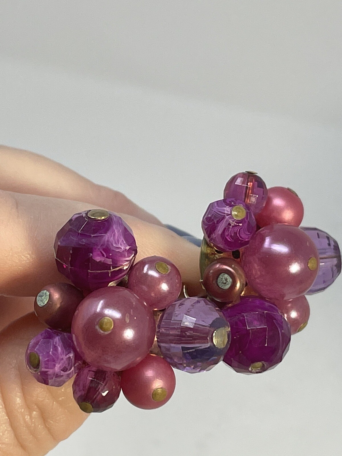 Vintage Zentall Purple Bead Cluster Clip On Earrings Faceted Crystal Faux Pearl