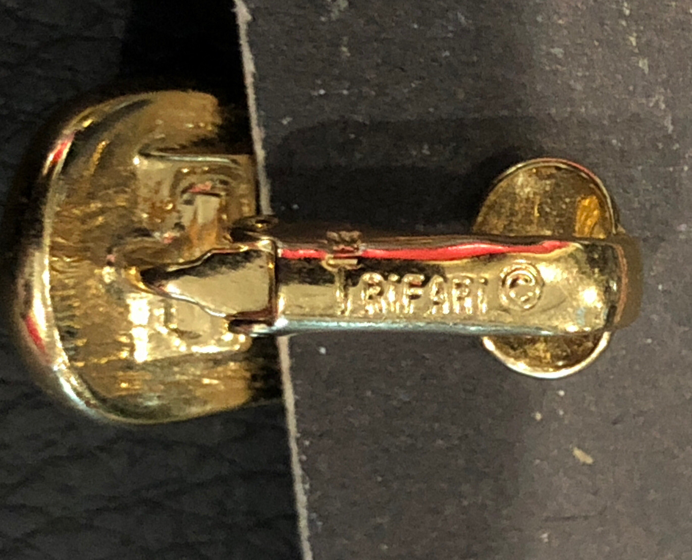 70s Signed TRIFARI Crown Goldtone Red Enamel Clip-On Earrings