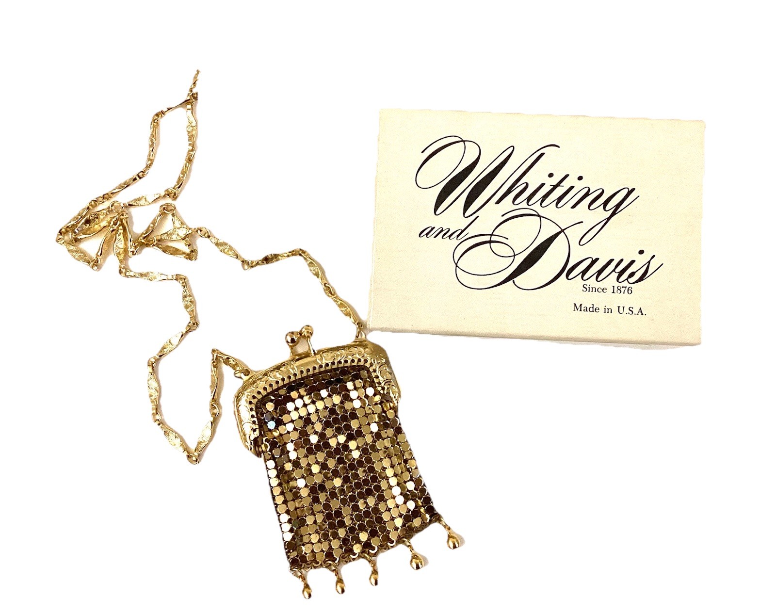 Vintage Gold Tone Mesh Chatelaine Purse Necklace Whiting Davis Pursette 1960s