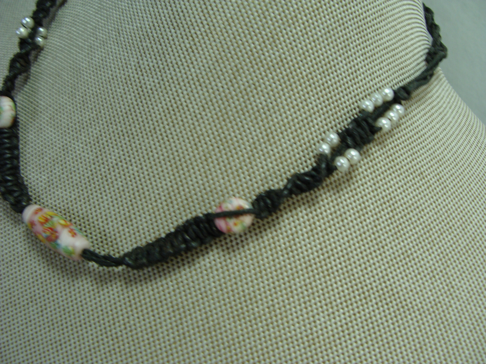 Vtg Millefiori Glass Bead Faux Pearl Hemp Macrame Bohemian Hippy Choker Necklace