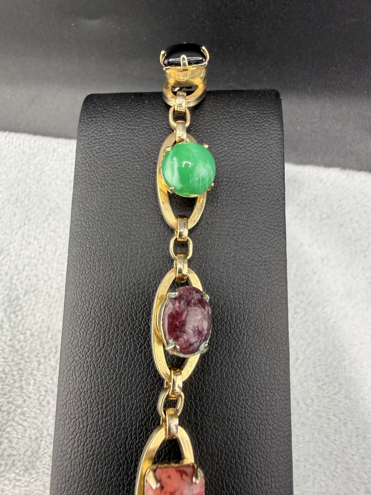 Vintage Tennis Bracelet Blue Pink Green Red Stone Gold Tone 7″